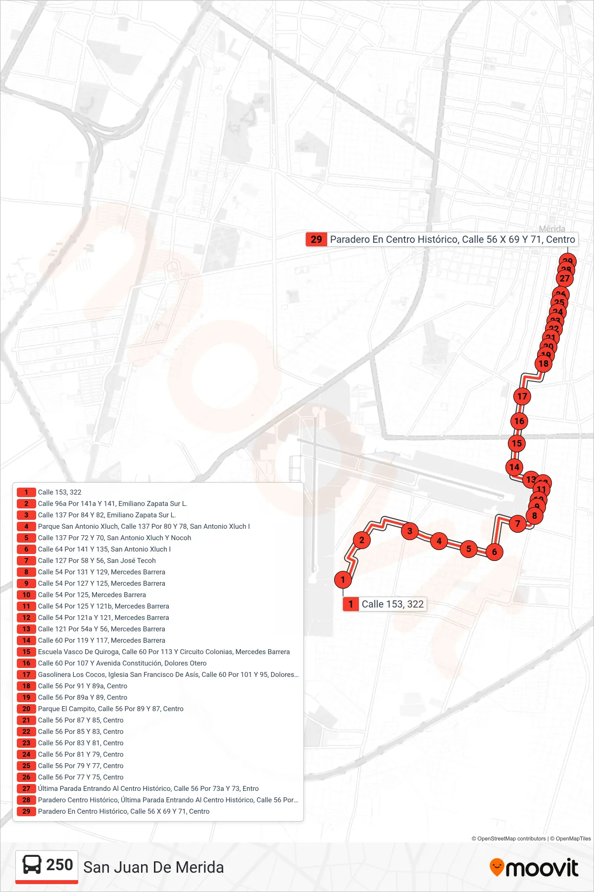 250 bus Line (San Juan De Merida) route and stops on a map