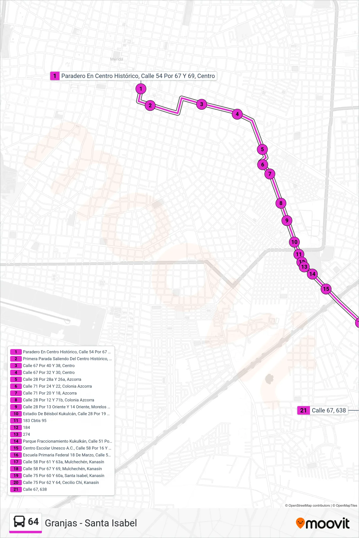 64 bus Line (Granjas - Santa Isabel) route and stops on a map
