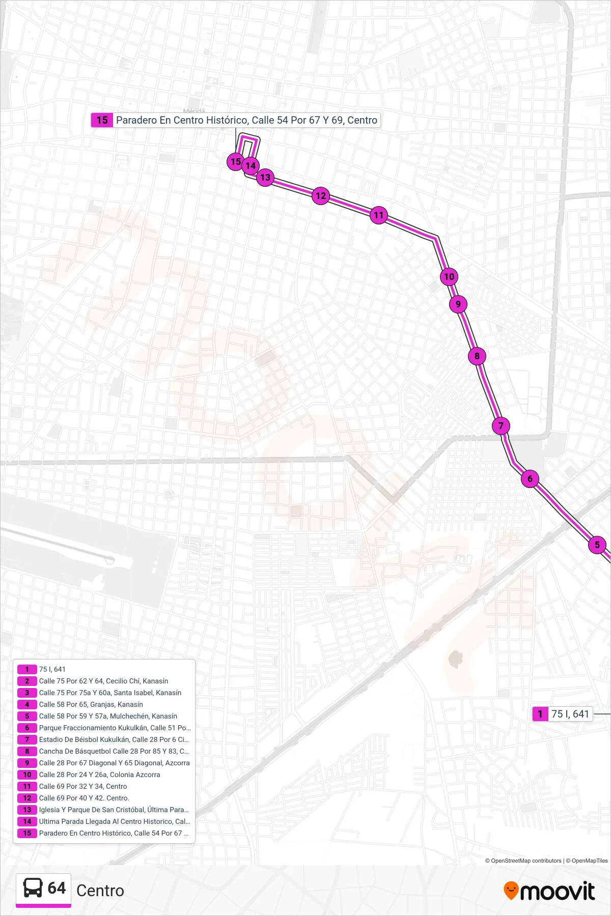 64 bus Line (Centro) route and stops on a map