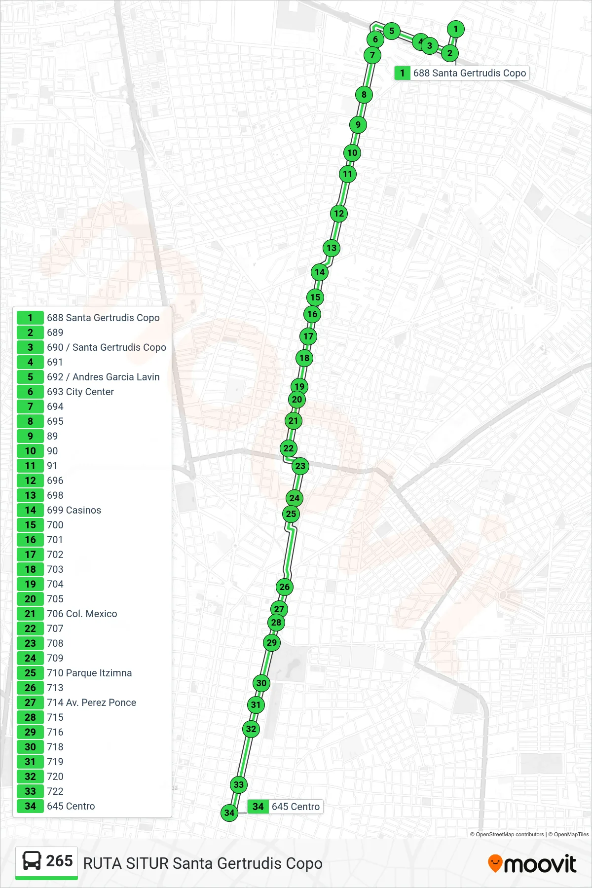 265 bus Line (Santa Gertrudis Copó Al Centro) route and stops on a map