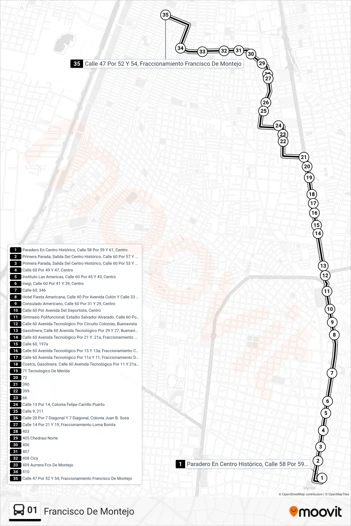 01 bus Line (Francisco De Montejo) route and stops on a map