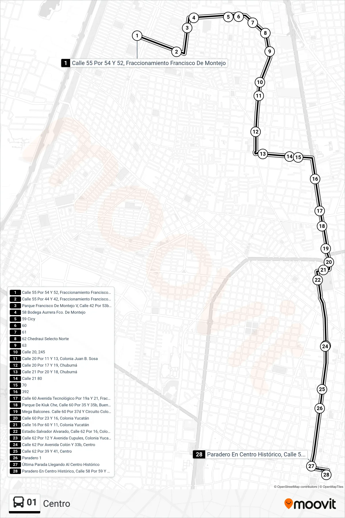 01 bus Line (Centro) route and stops on a map