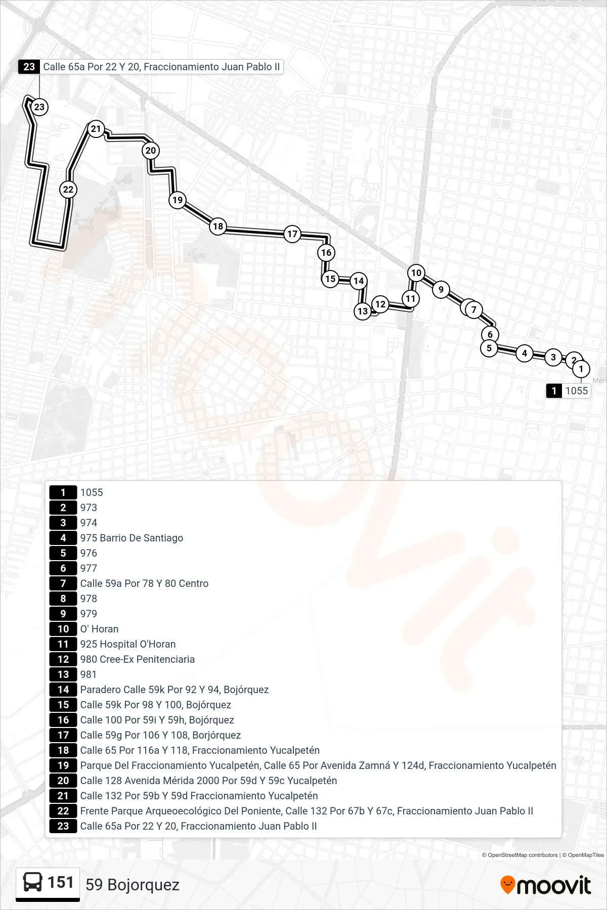 151 bus Line (59 Bojorquez) route and stops on a map