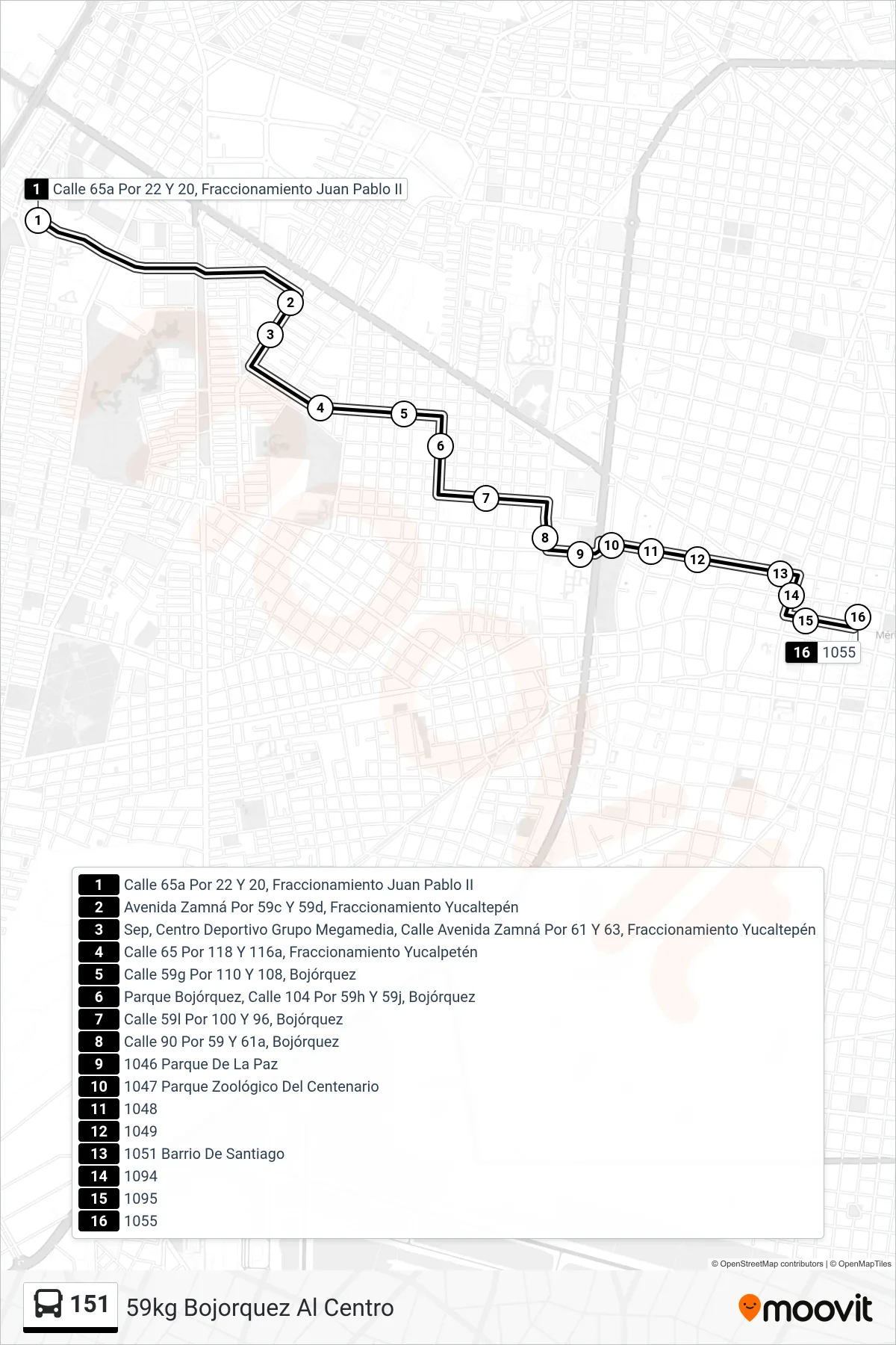 151 bus Line (59kg Bojorquez Al Centro) route and stops on a map