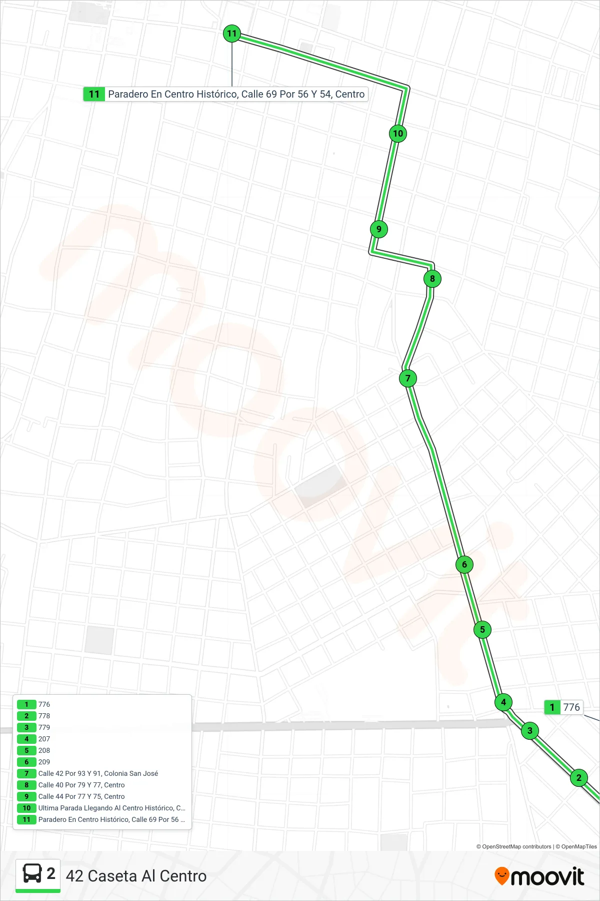 Recorrido y paradas de la línea 2 de autobús (42 Caseta Al Centro) en el mapa