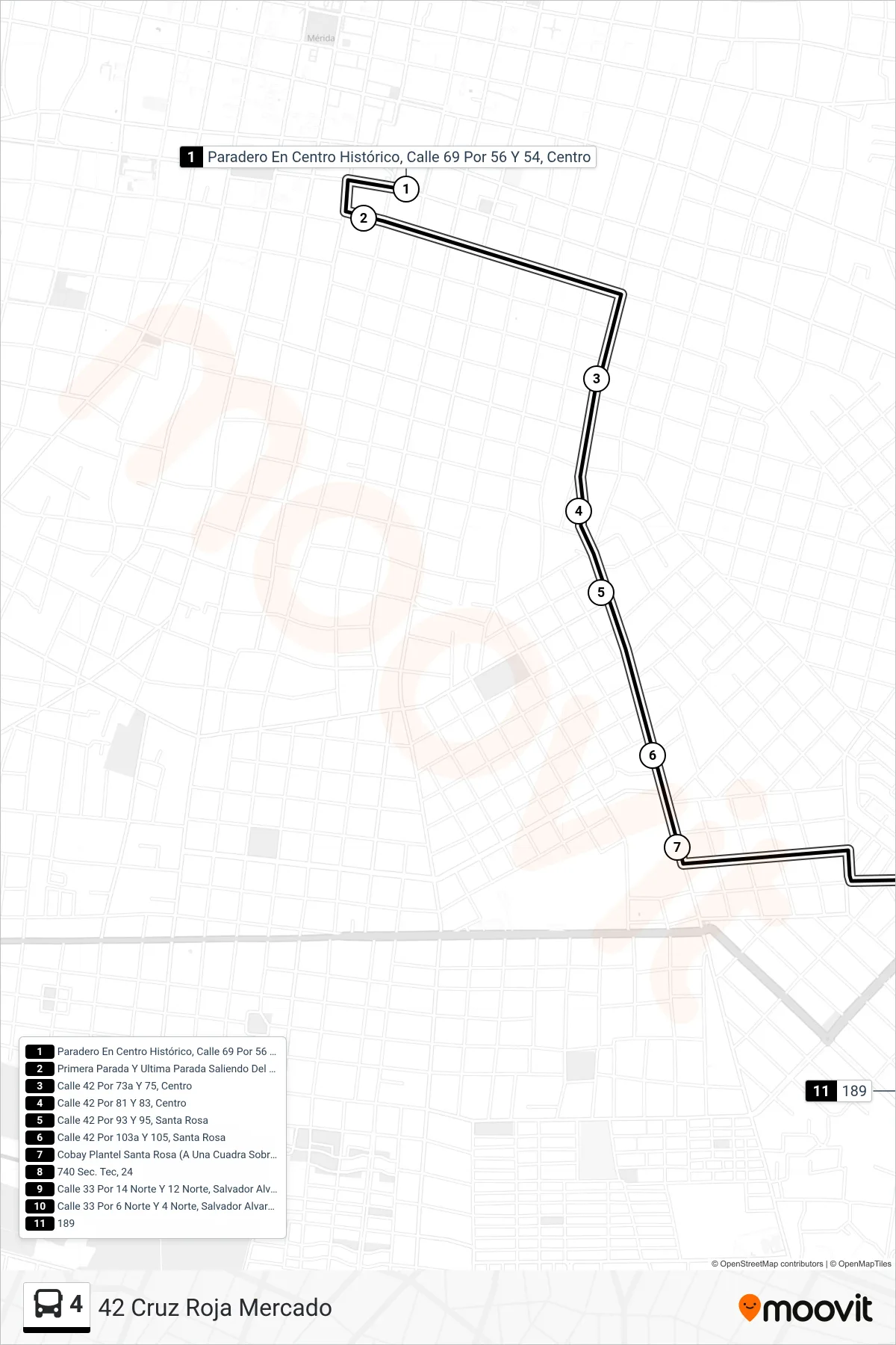 4 bus Line (42 Cruz Roja Mercado) route and stops on a map