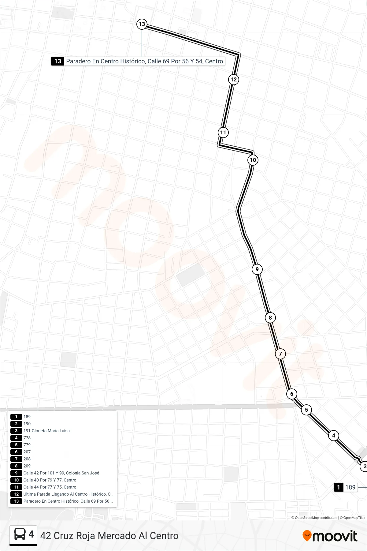4 bus Line (42 Cruz Roja Mercado Al Centro) route and stops on a map