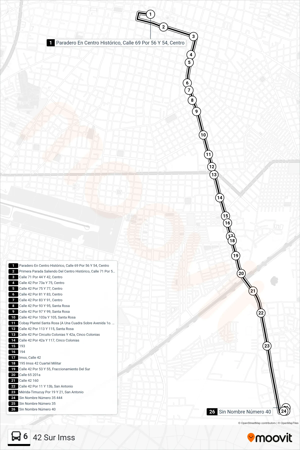 Recorrido y paradas de la línea 6 de autobús (42 Sur Imss) en el mapa
