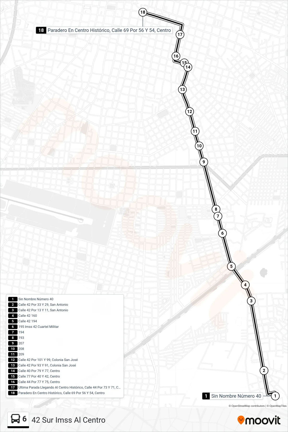 Recorrido y paradas de la línea 6 de autobús (42 Sur Imss Al Centro) en el mapa
