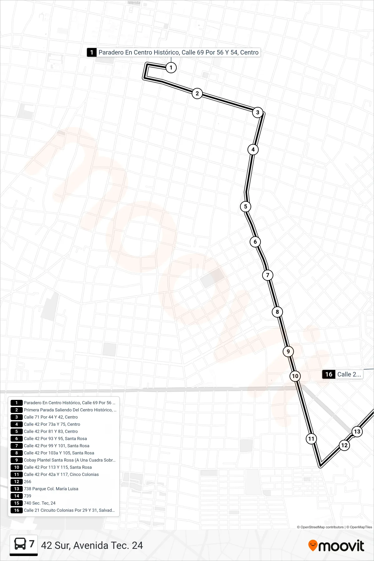 Recorrido y paradas de la línea 7 de autobús (42 Sur, Avenida Tec. 24) en el mapa
