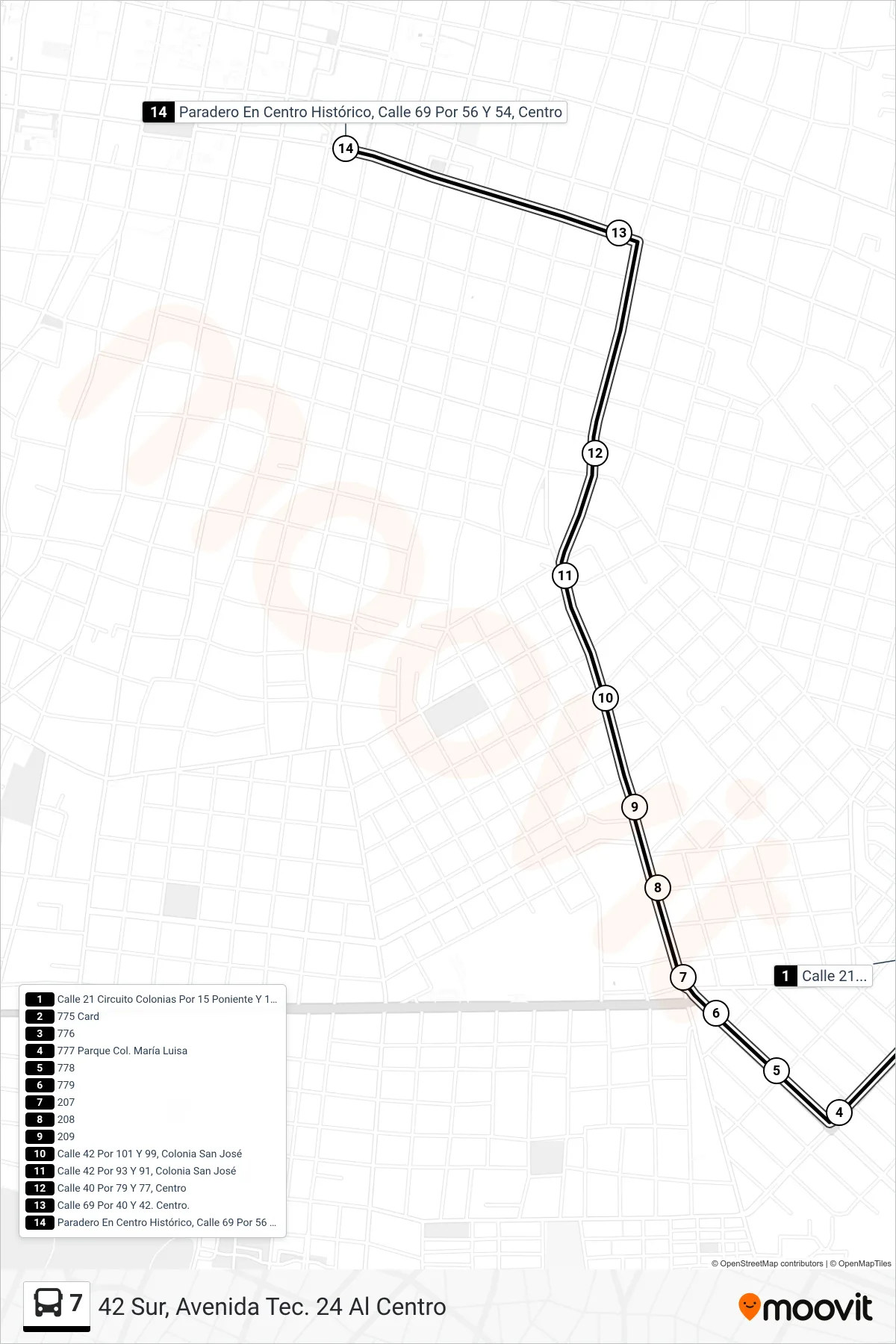 7 bus Line (42 Sur, Avenida Tec. 24 Al Centro) route and stops on a map