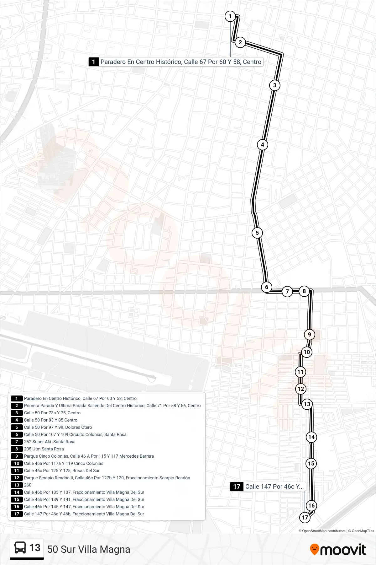13 bus Line (50 Sur Villa Magna) route and stops on a map