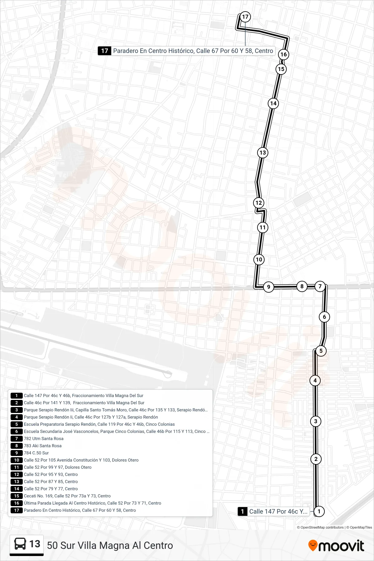 13 bus Line (50 Sur Villa Magna Al Centro) route and stops on a map
