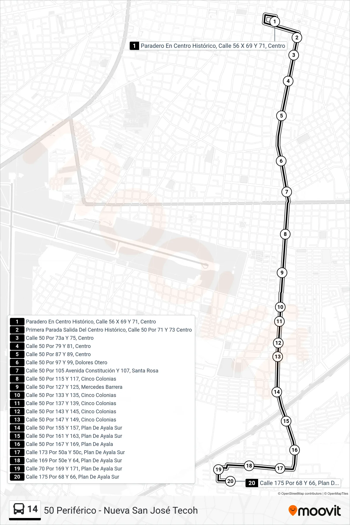 14 bus Line (50 Periférico - Nueva San José Tecoh) route and stops on a map