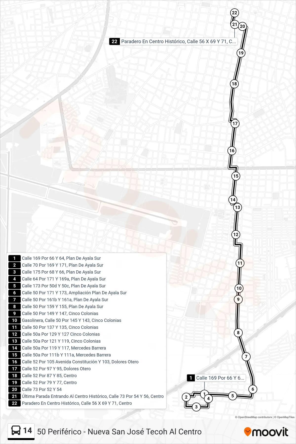 14 bus Line (50 Periférico - Nueva San José Tecoh Al Centro) route and stops on a map