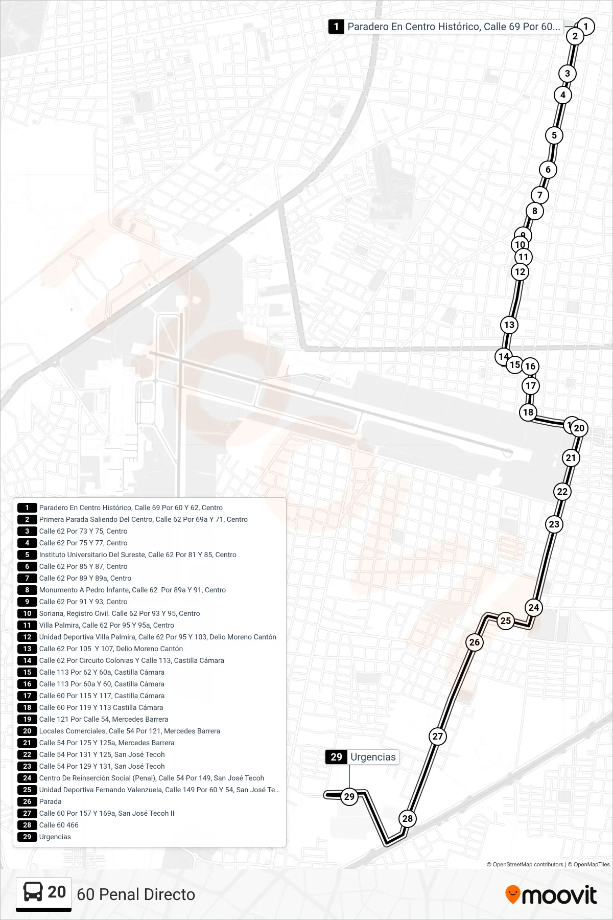 Recorrido y paradas de la línea 20 de autobús (60 Penal Directo) en el mapa