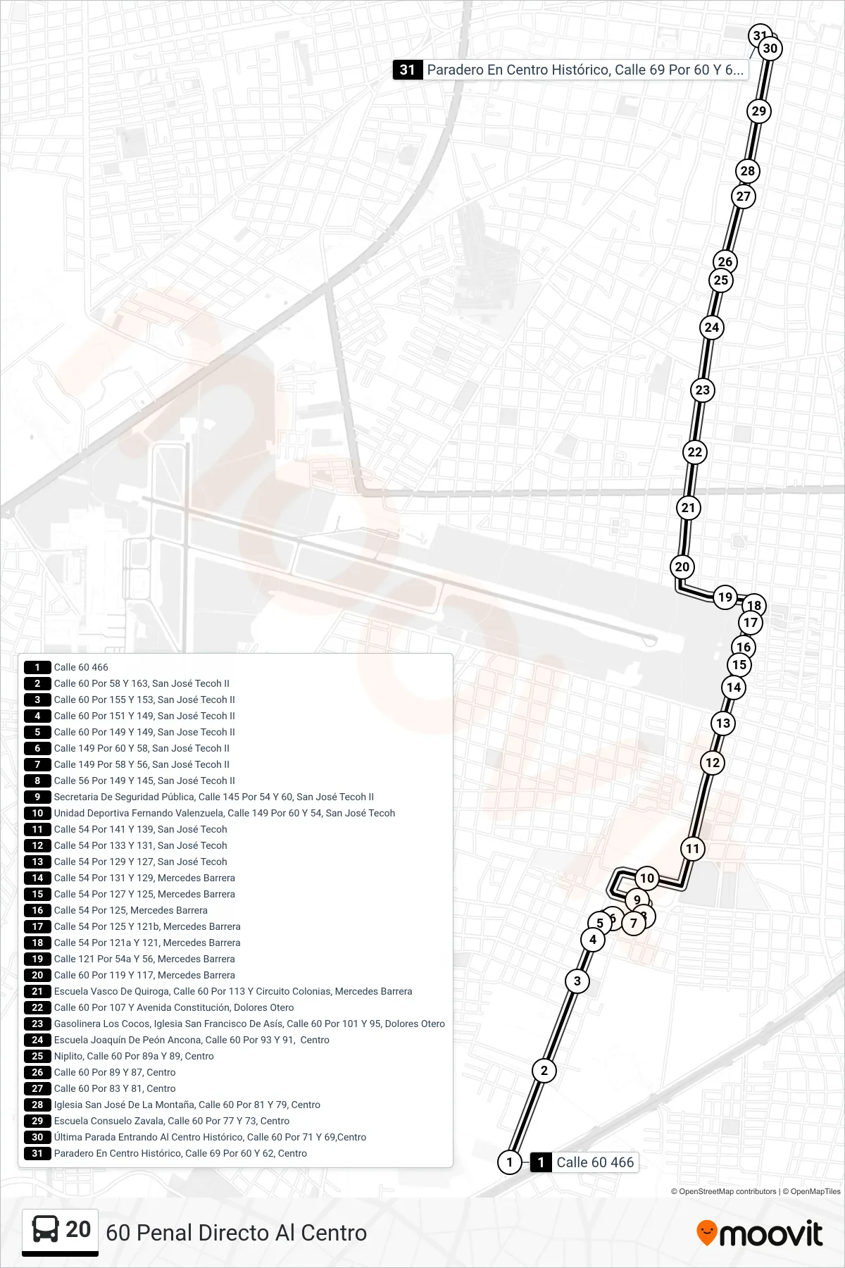 20 bus Line (60 Penal Directo Al Centro) route and stops on a map