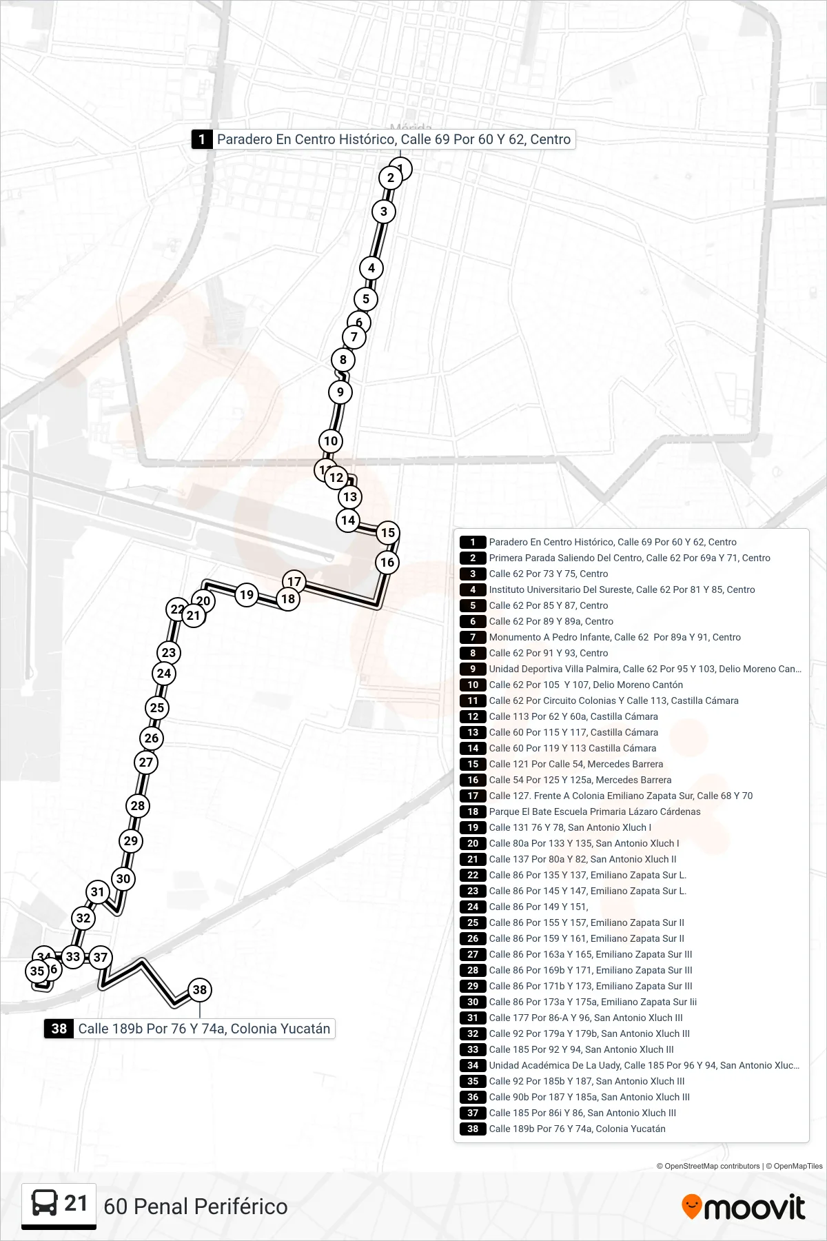 21 bus Line (60 Penal Periférico) route and stops on a map
