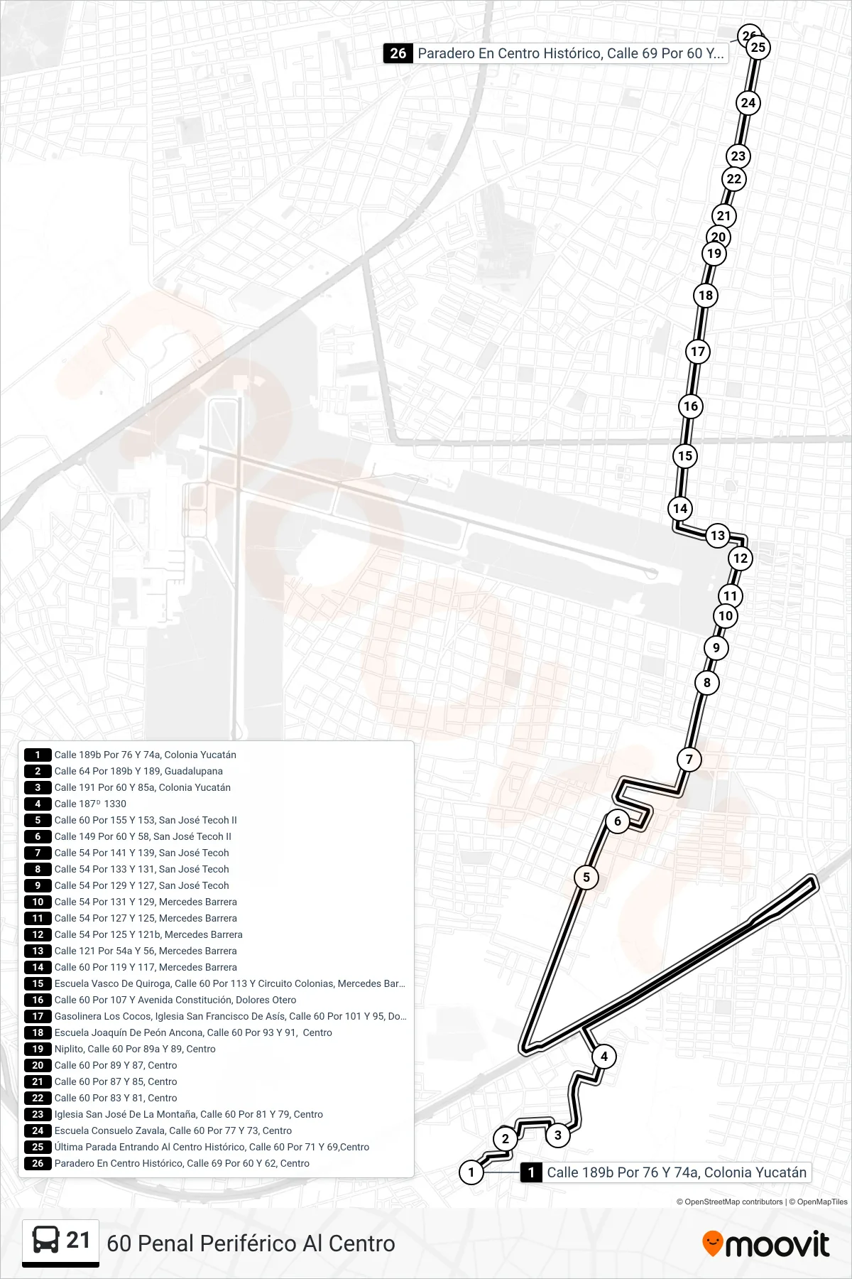 21 bus Line (60 Penal Periférico Al Centro) route and stops on a map