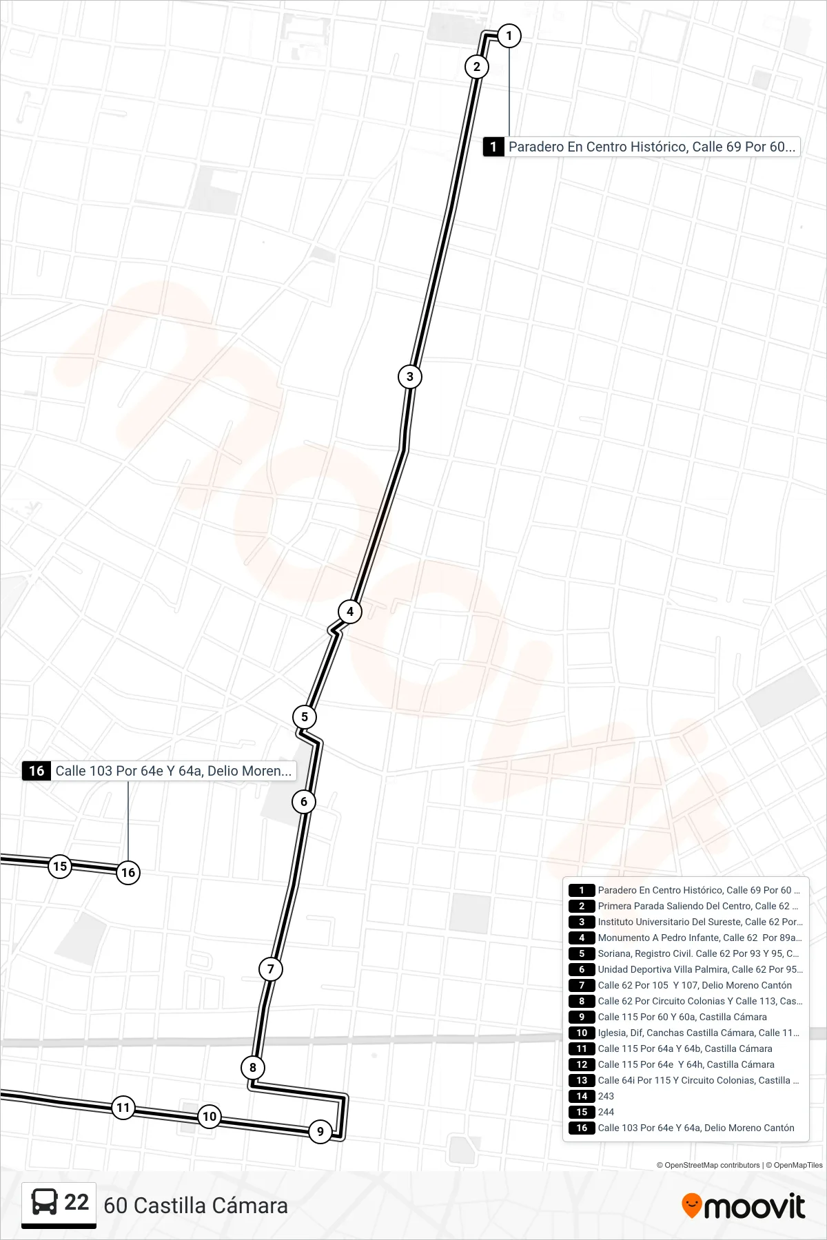 Recorrido y paradas de la línea 22 de autobús (60 Castilla Cámara) en el mapa