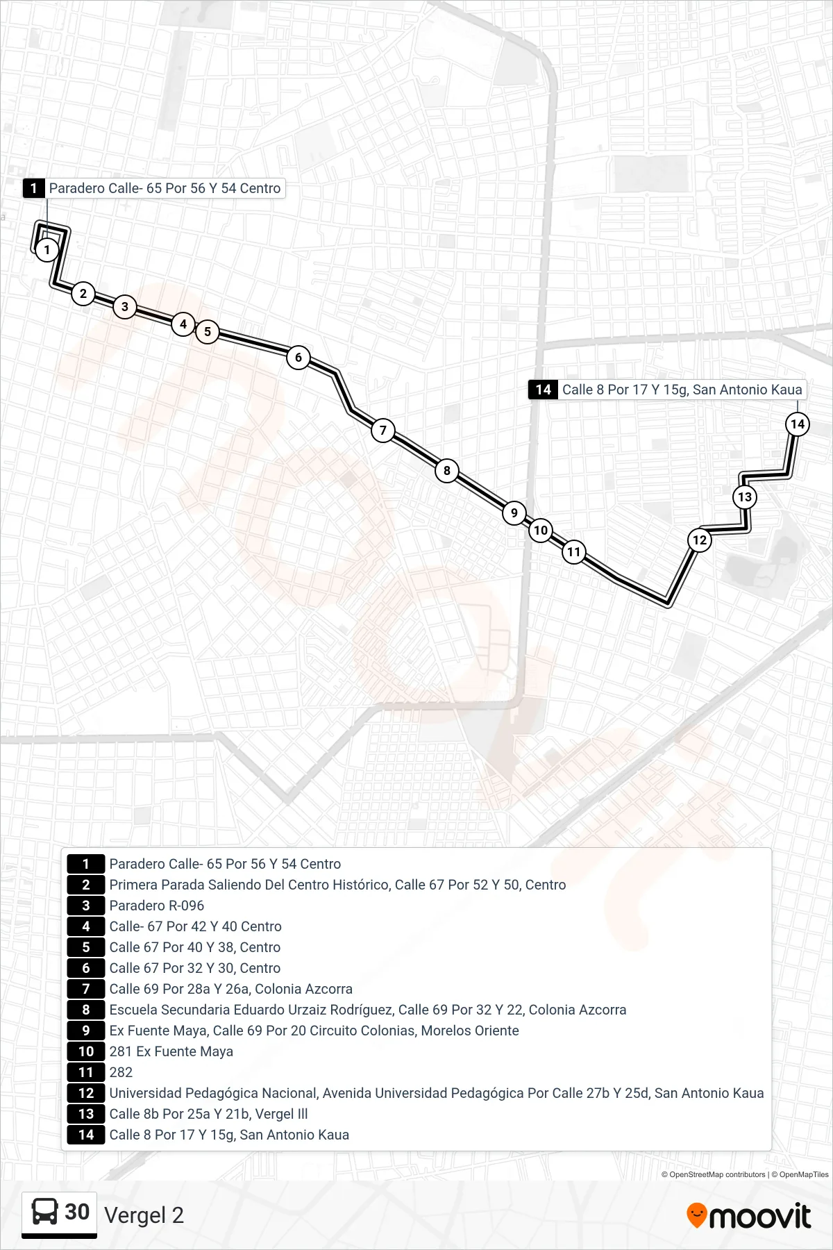 30 bus Line (Vergel 2) route and stops on a map