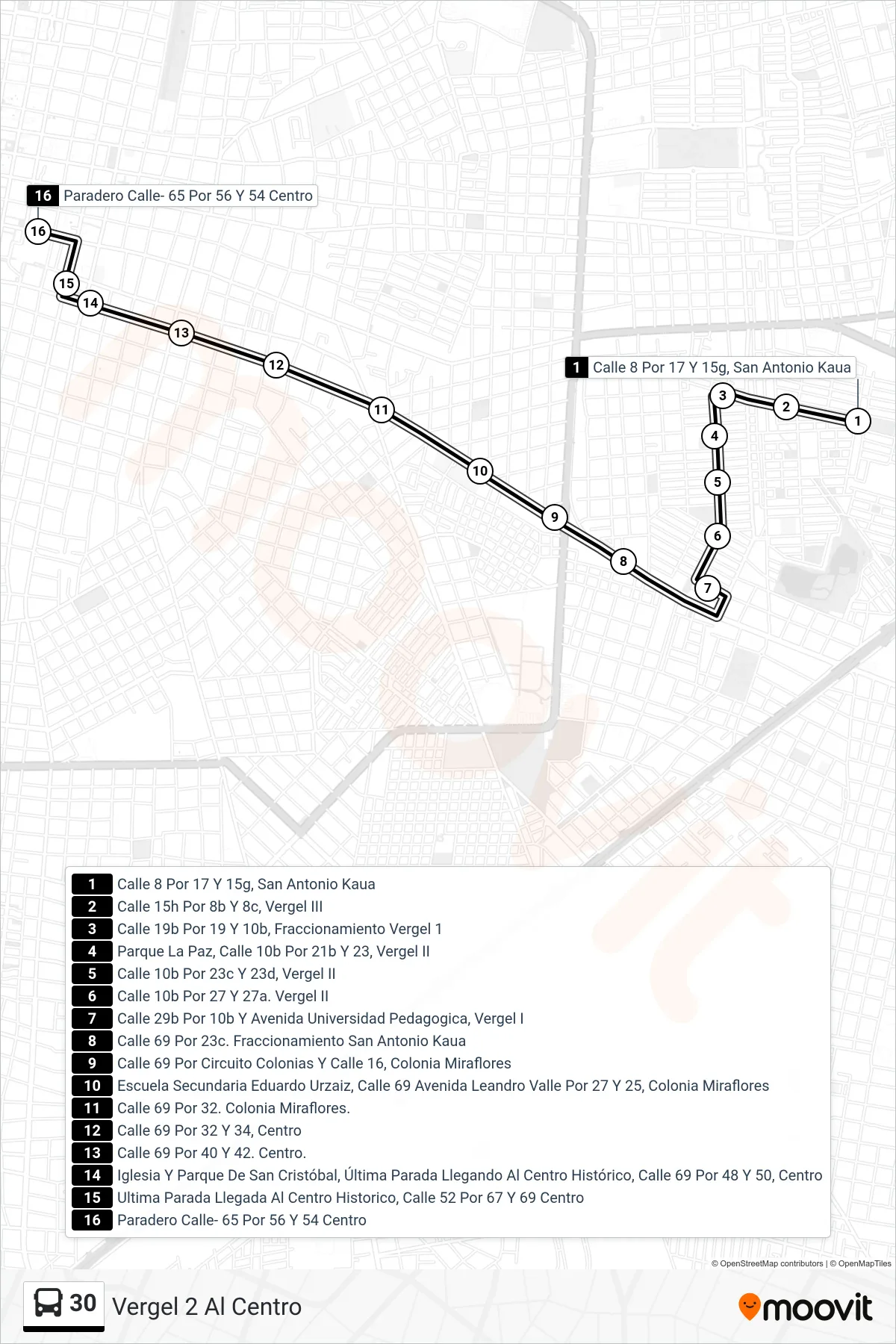 30 bus Line (Vergel 2 Al Centro) route and stops on a map