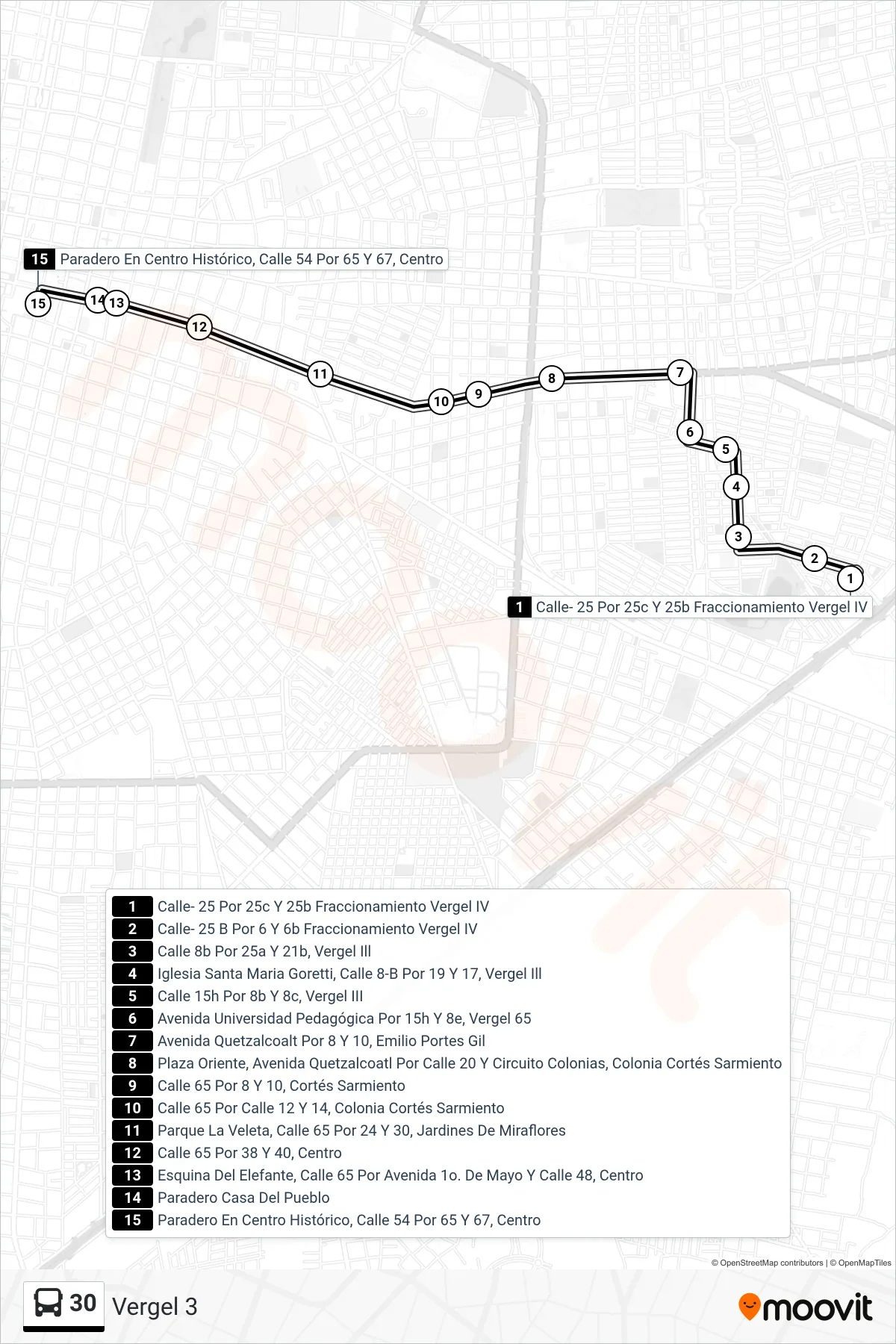Recorrido y paradas de la línea 30 de autobús (Vergel 3) en el mapa
