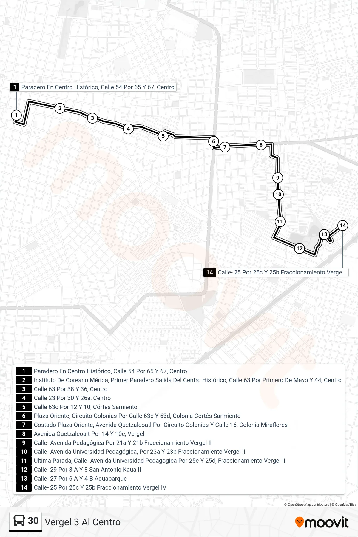 Recorrido y paradas de la línea 30 de autobús (Vergel 3 Al Centro) en el mapa