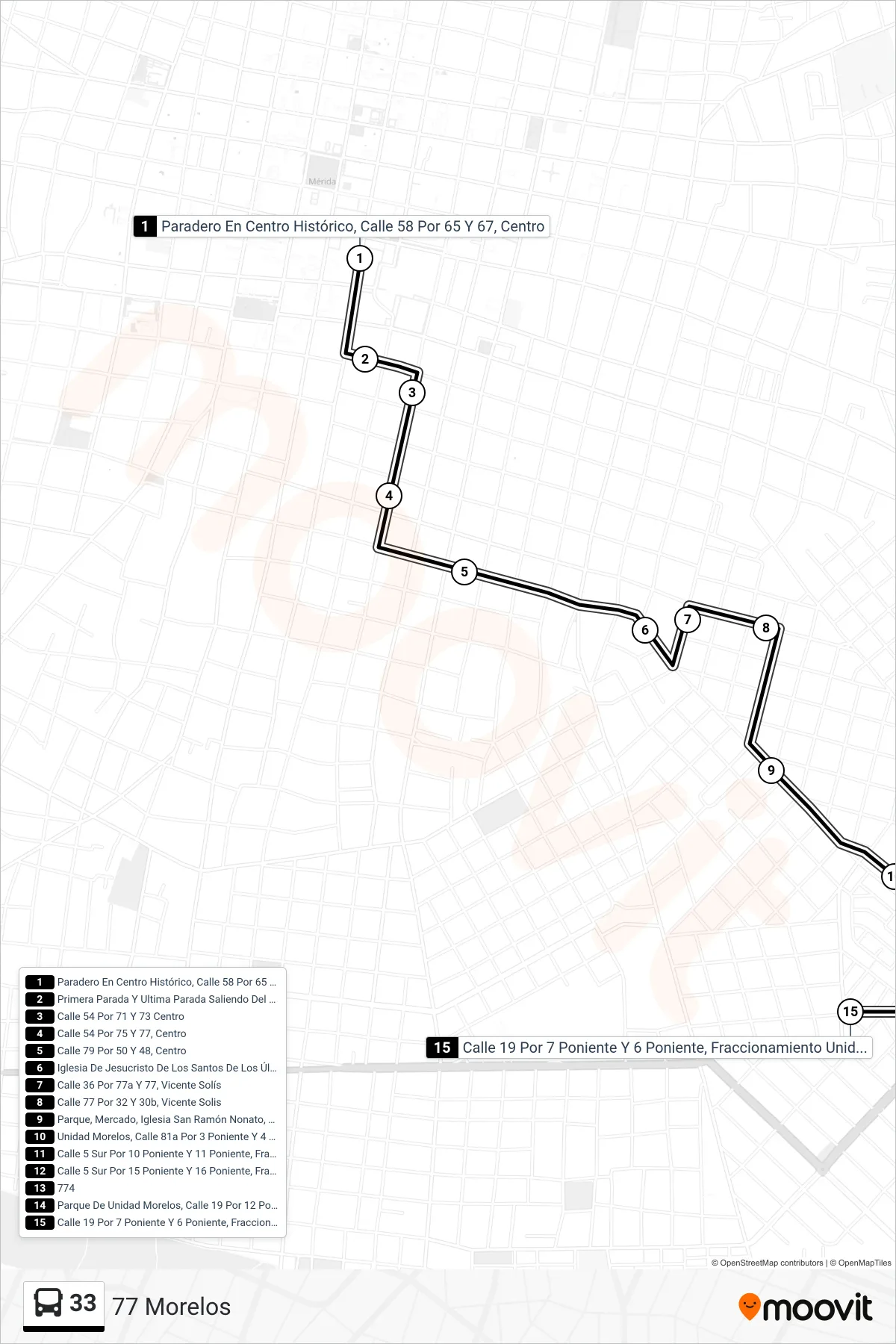 33 bus Line (77 Morelos) route and stops on a map