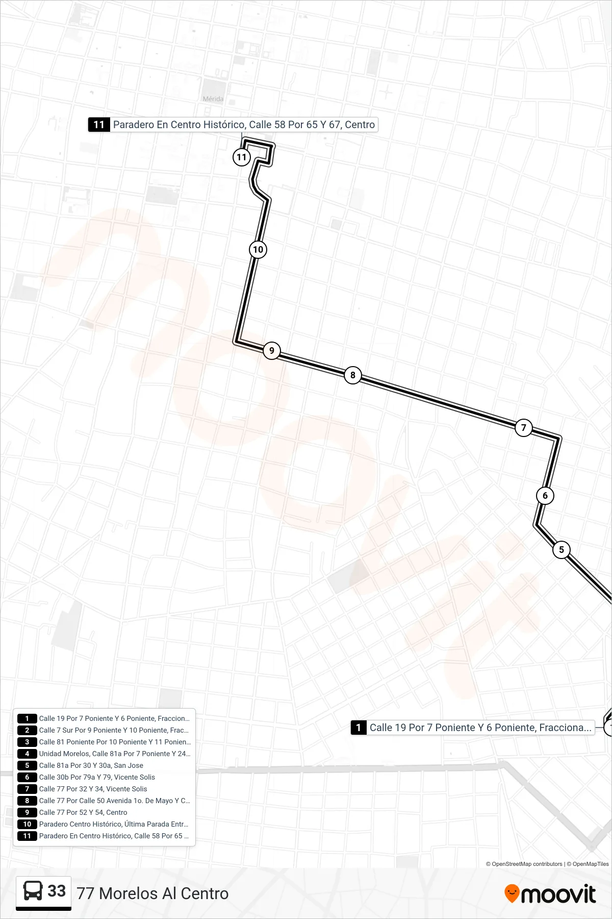 33 bus Line (77 Morelos Al Centro) route and stops on a map