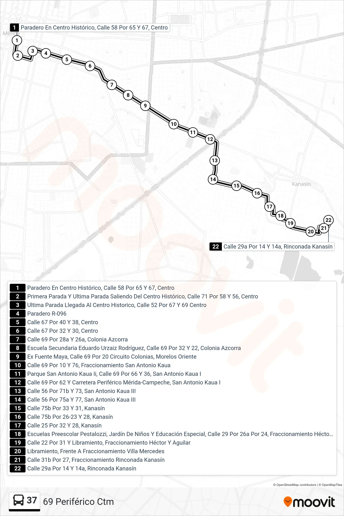 37 bus Line (69 Periférico Ctm) route and stops on a map