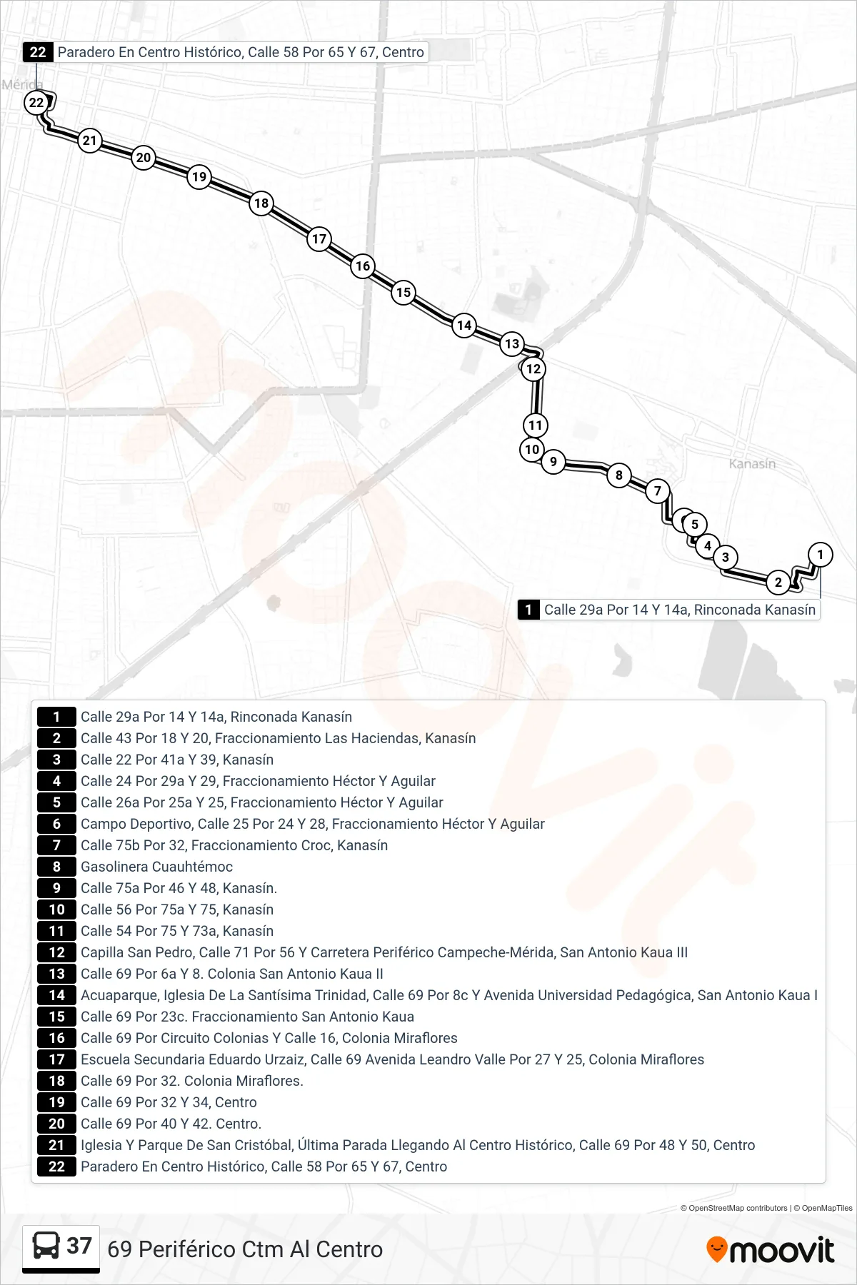 37 bus Line (69 Periférico Ctm Al Centro) route and stops on a map