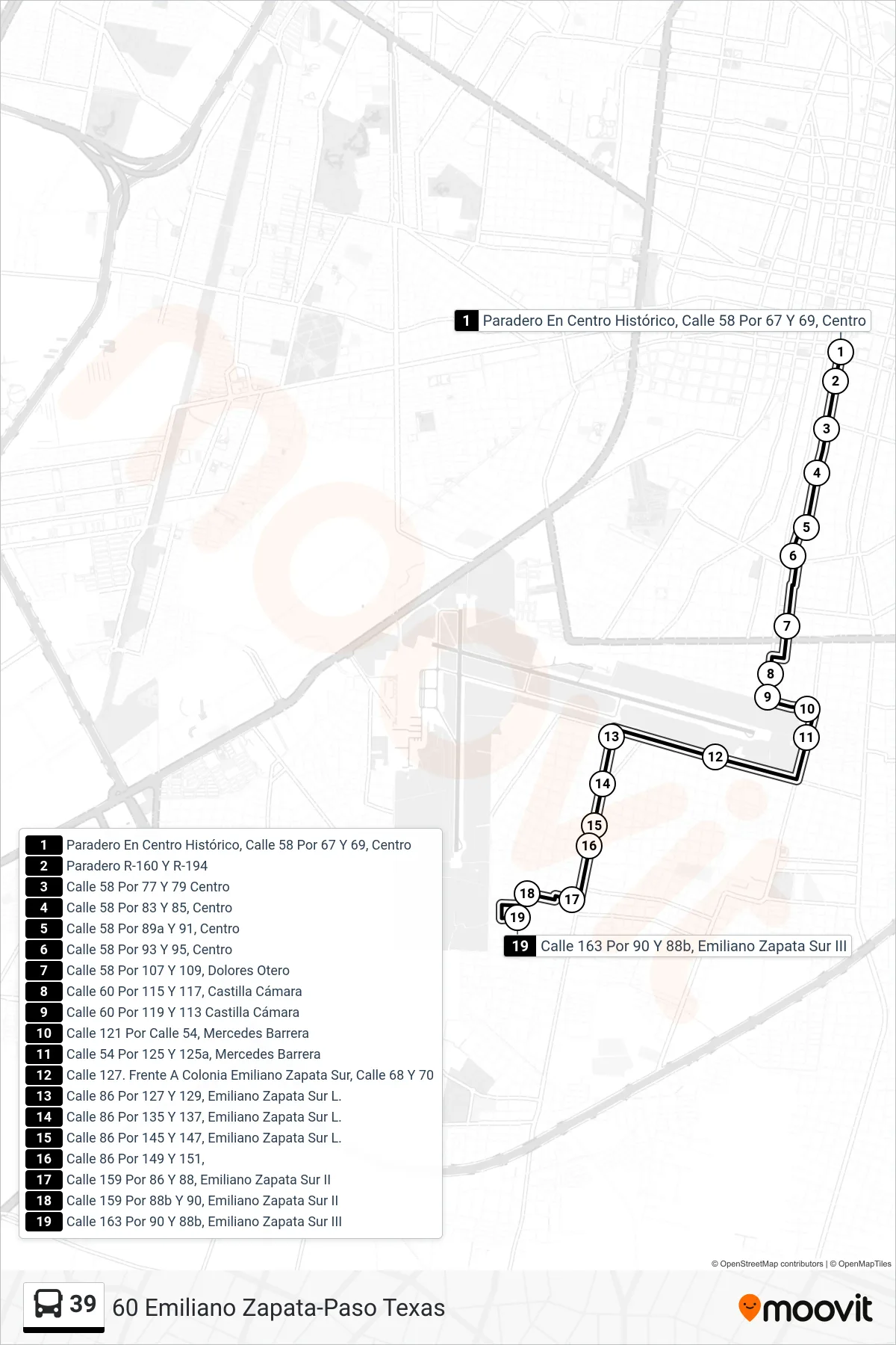Recorrido y paradas de la línea 39 de autobús (60 Emiliano Zapata-Paso Texas) en el mapa