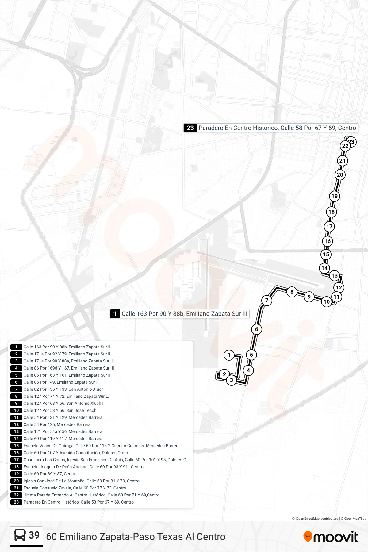 39 bus Line (60 Emiliano Zapata-Paso Texas Al Centro) route and stops on a map