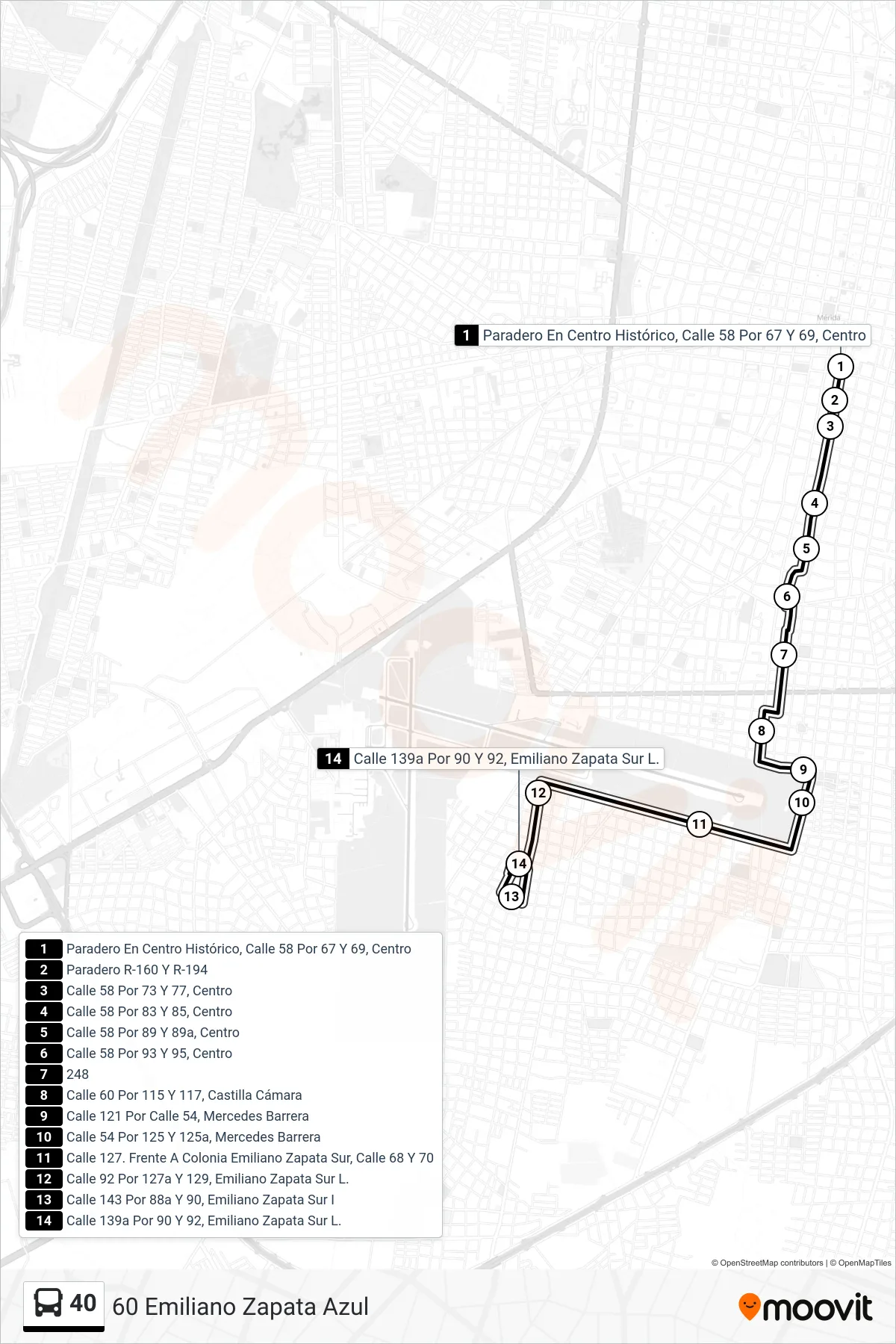 Recorrido y paradas de la línea 40 de autobús (60 Emiliano Zapata Azul) en el mapa