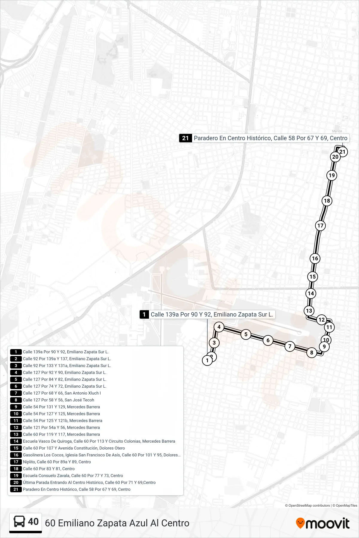 Recorrido y paradas de la línea 40 de autobús (60 Emiliano Zapata Azul Al Centro) en el mapa