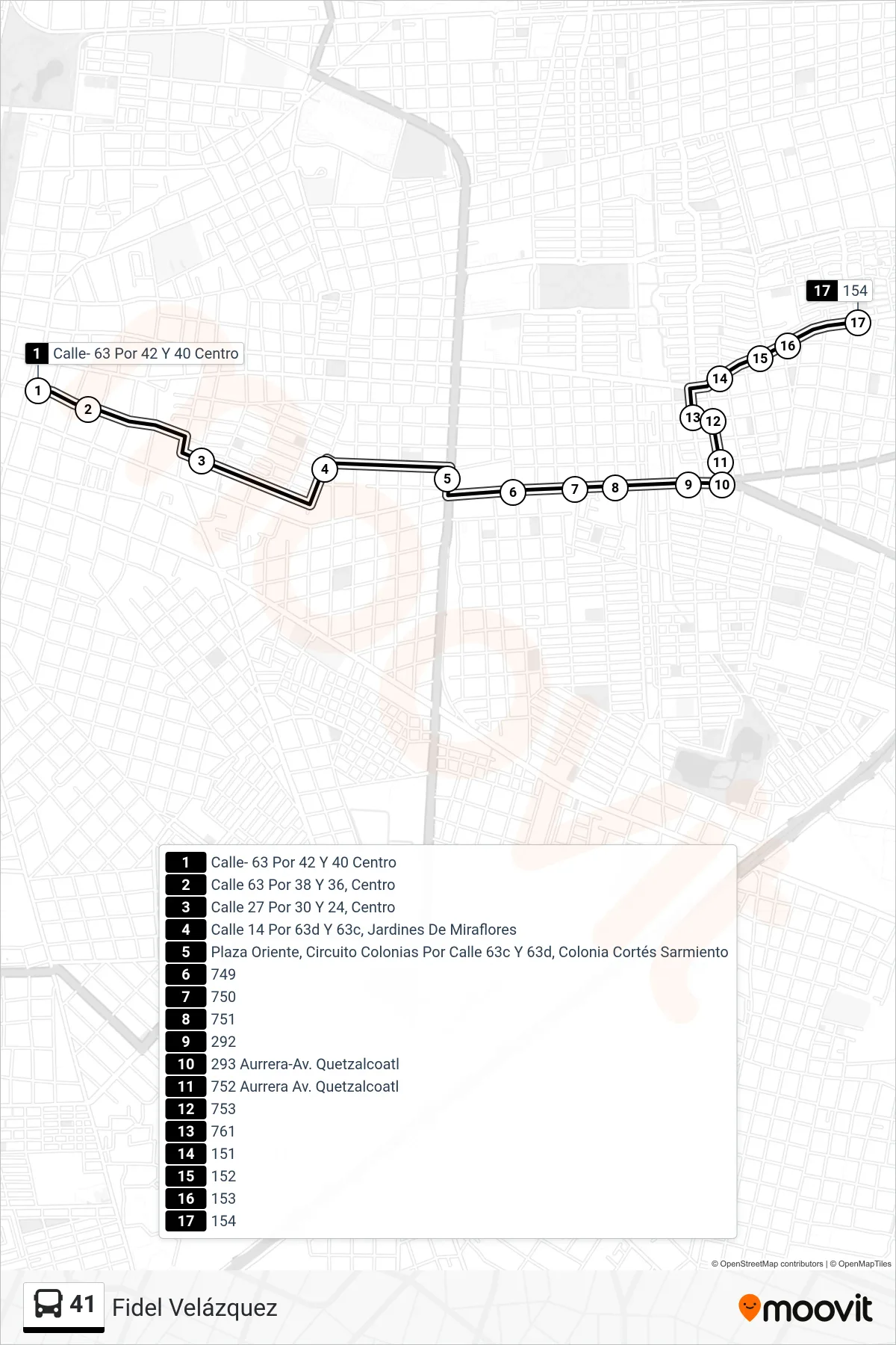 Recorrido y paradas de la línea 41 de autobús (Fidel Velázquez) en el mapa