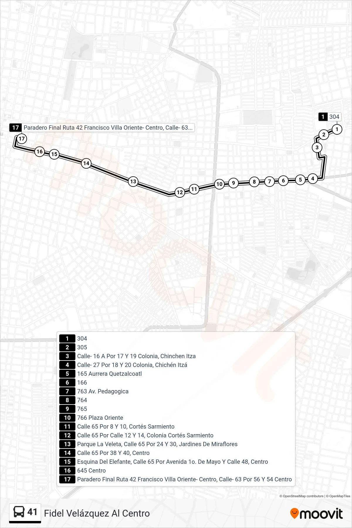 Recorrido y paradas de la línea 41 de autobús (Fidel Velázquez Al Centro) en el mapa