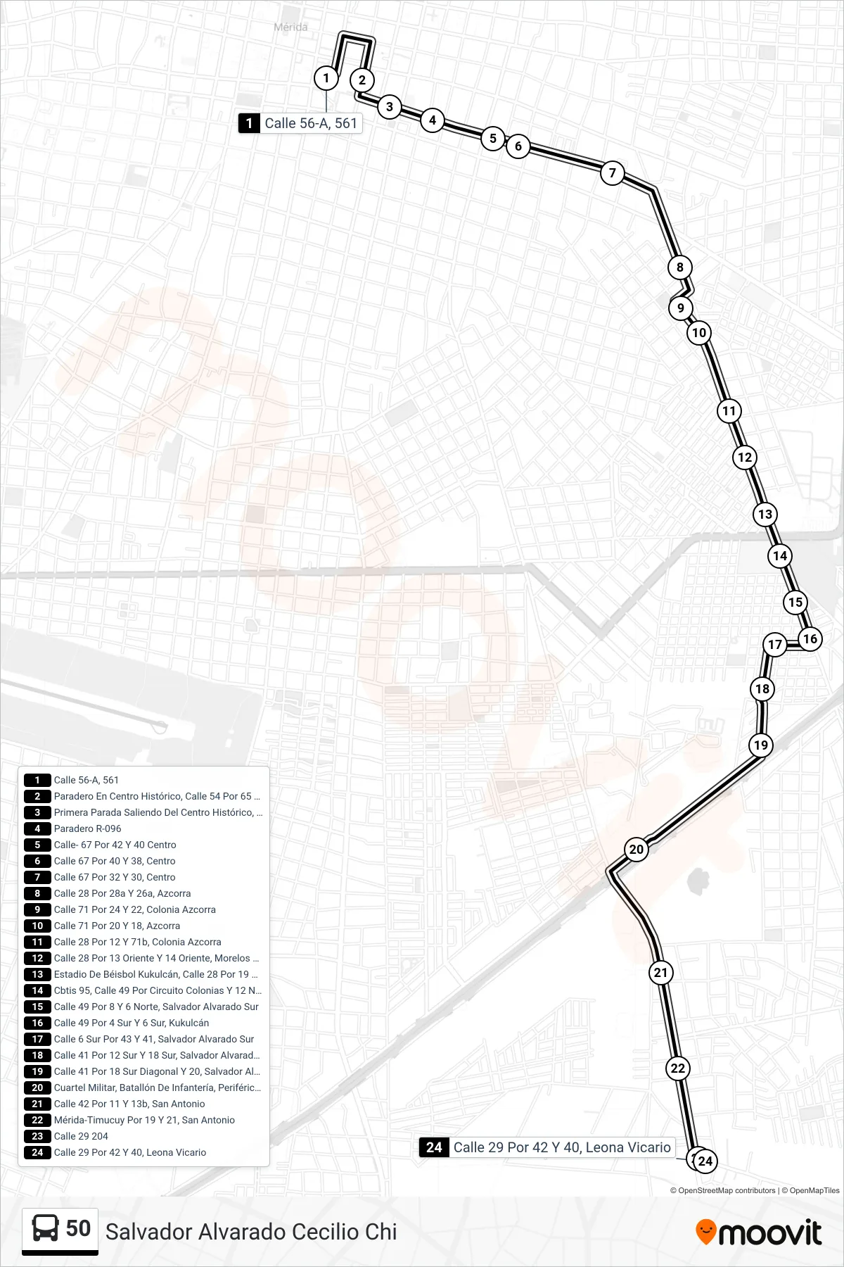 Recorrido y paradas de la línea 50 de autobús (Salvador Alvarado Cecilio Chi) en el mapa