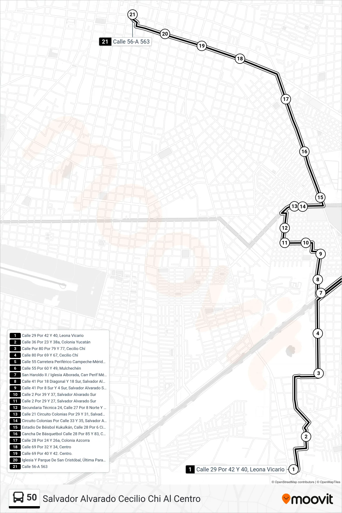 Recorrido y paradas de la línea 50 de autobús (Salvador Alvarado Cecilio Chi Al Centro) en el mapa