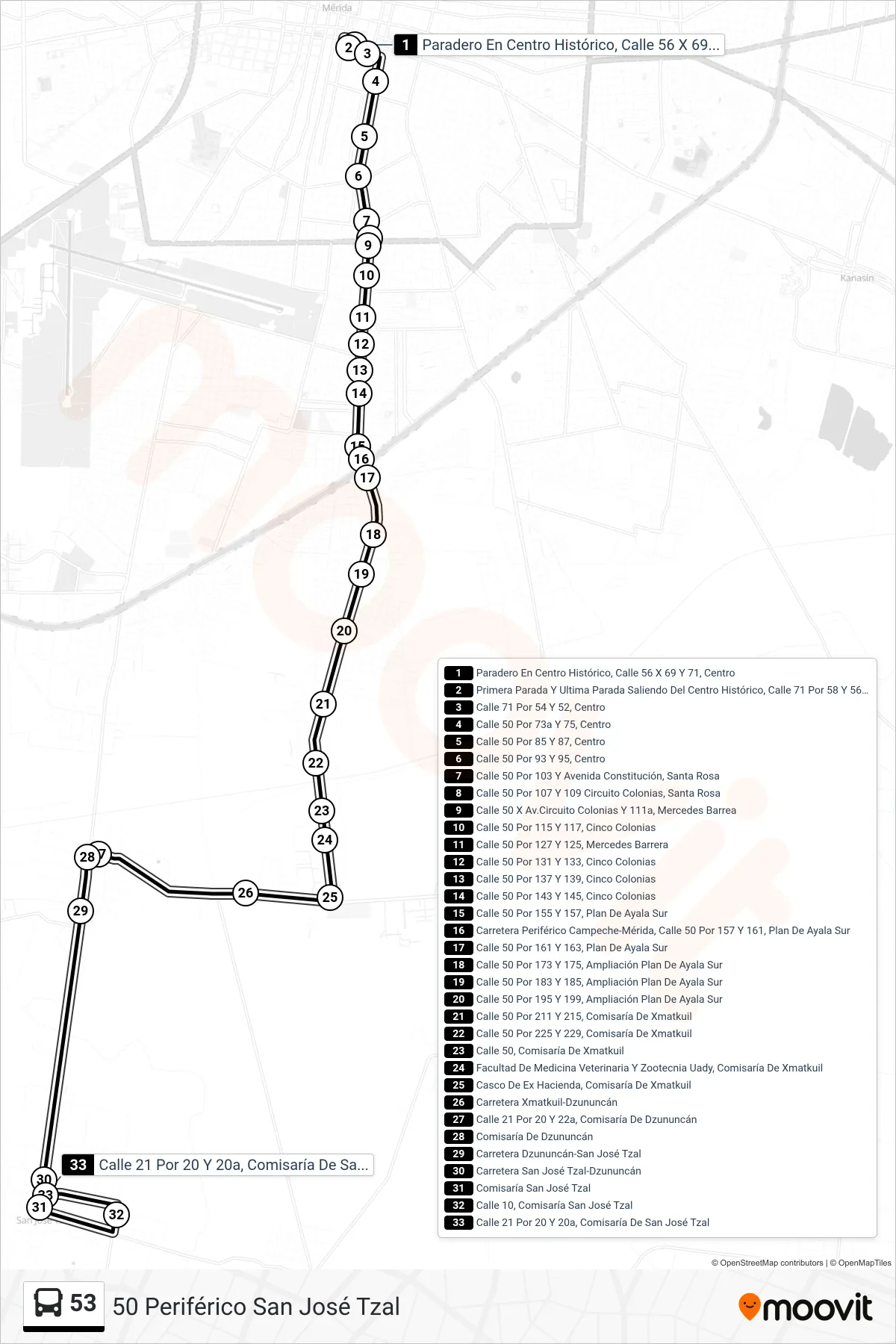 Recorrido y paradas de la línea 53 de autobús (50 Periférico San José Tzal) en el mapa