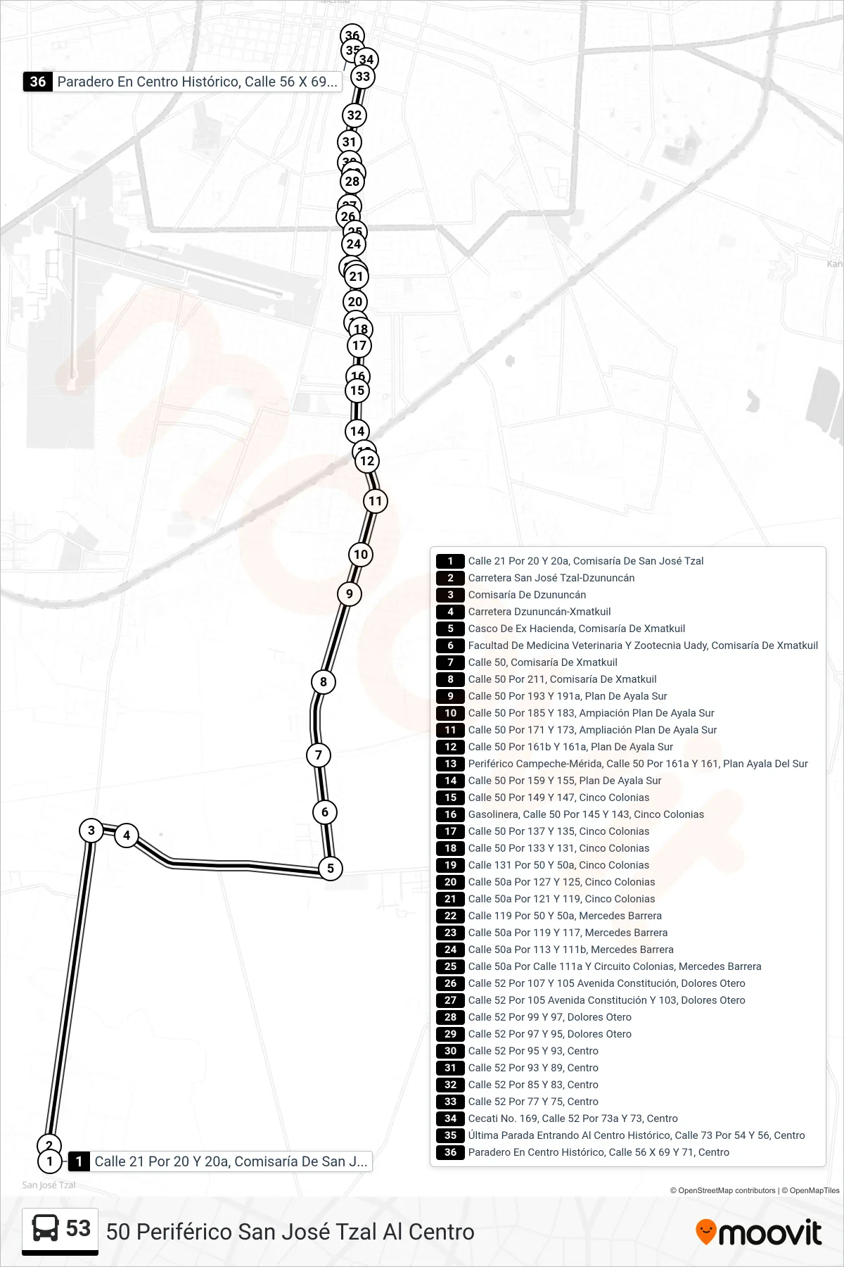 53 bus Line (50 Periférico San José Tzal Al Centro) route and stops on a map