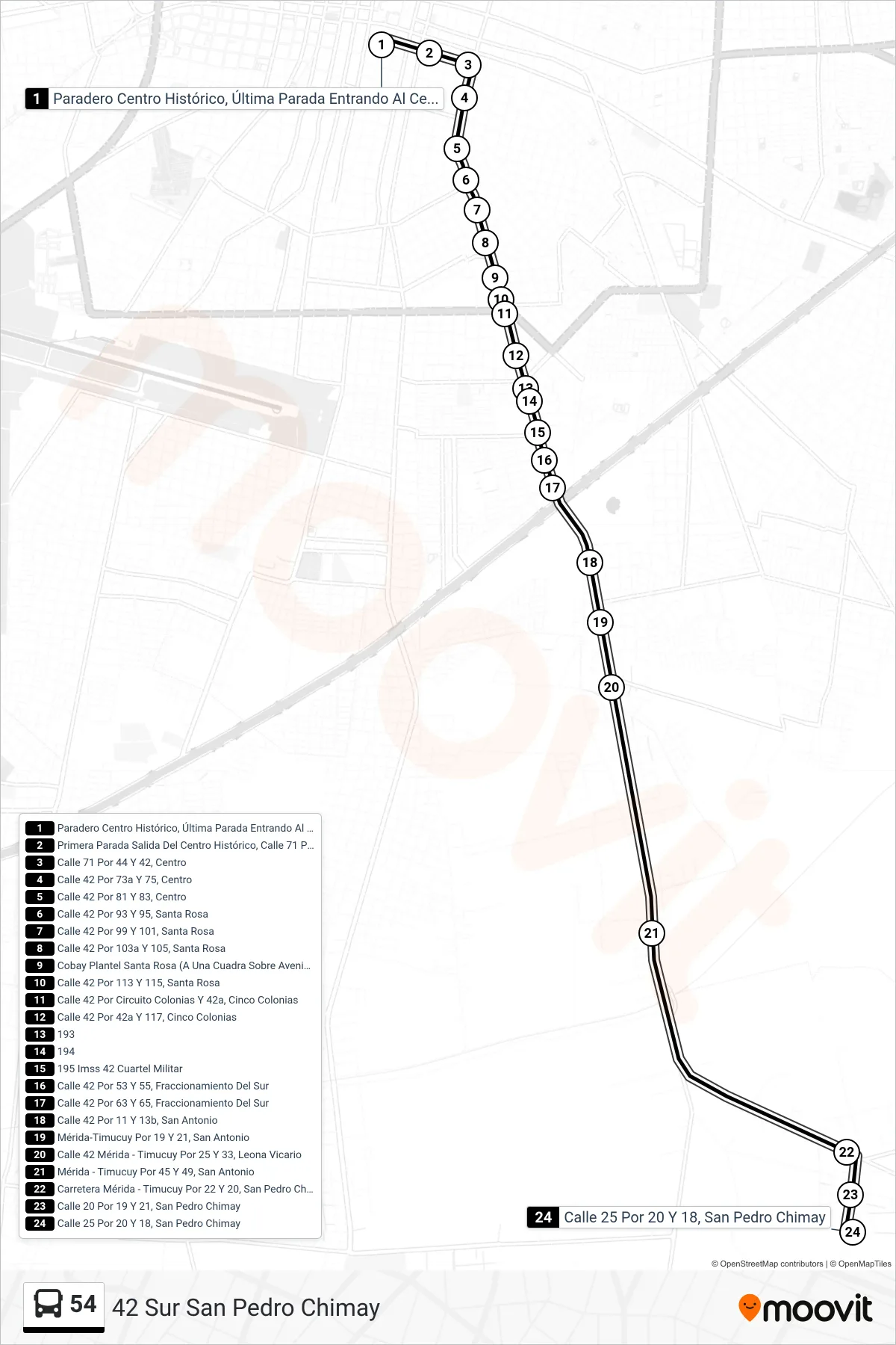 54 bus Line (42 Sur San Pedro Chimay) route and stops on a map