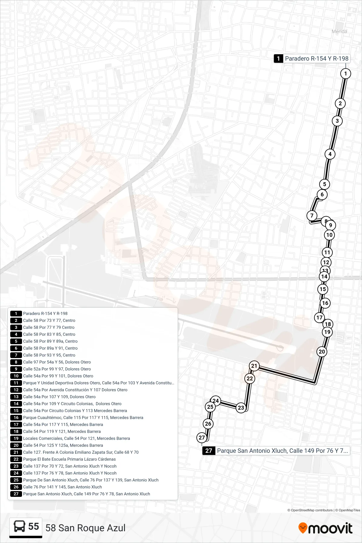 55 bus Line (58 San Roque Azul) route and stops on a map
