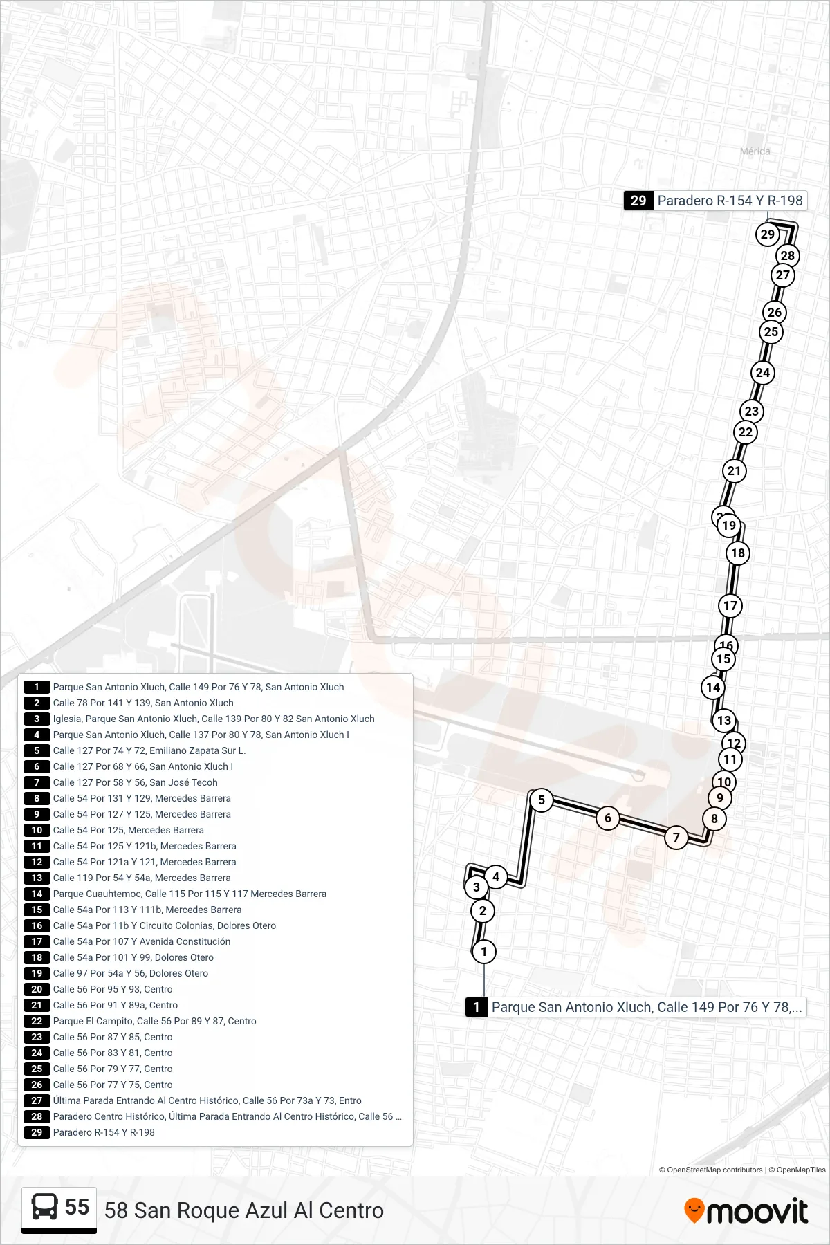 55 bus Line (58 San Roque Azul Al Centro) route and stops on a map