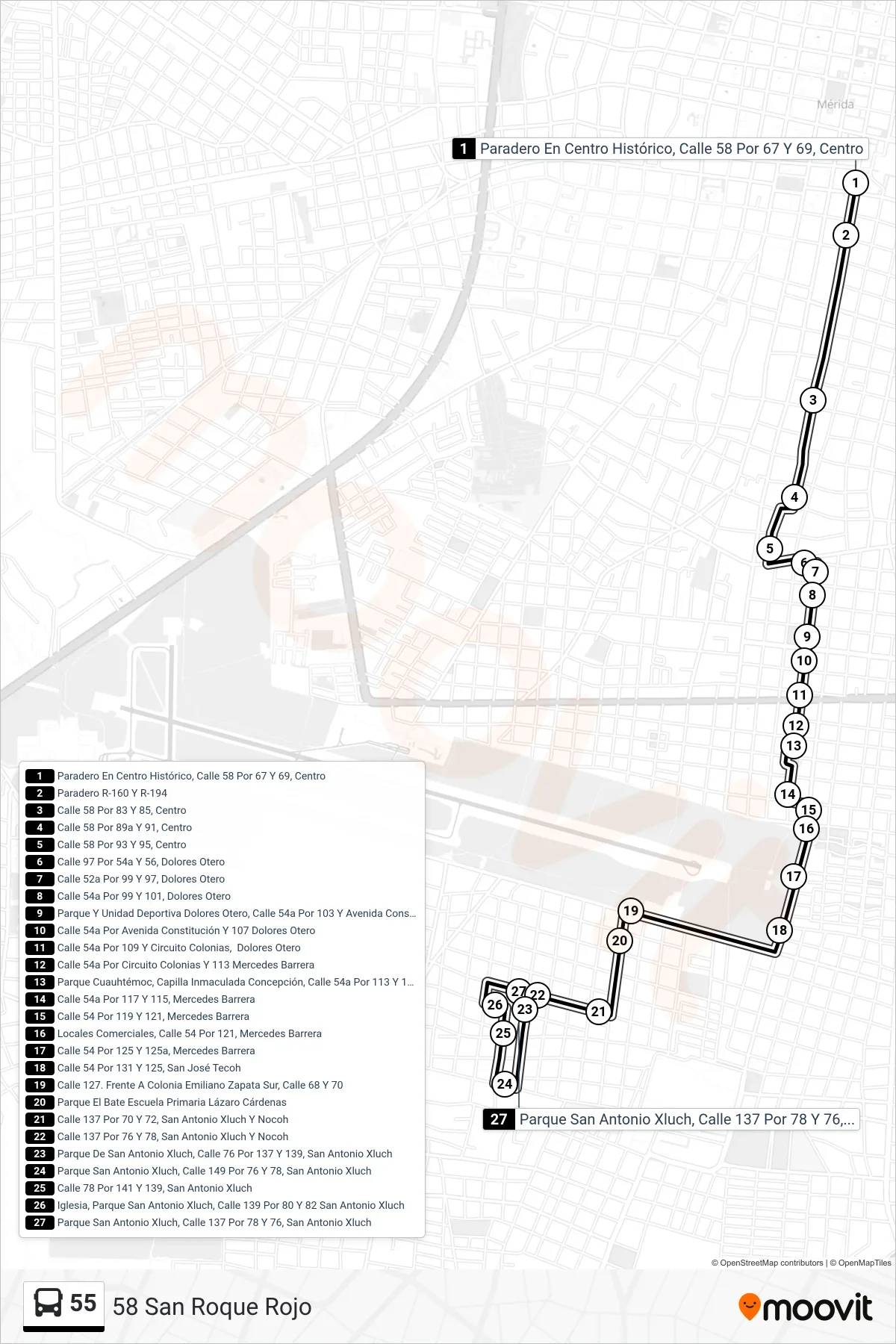 Recorrido y paradas de la línea 55 de autobús (58 San Roque Rojo) en el mapa