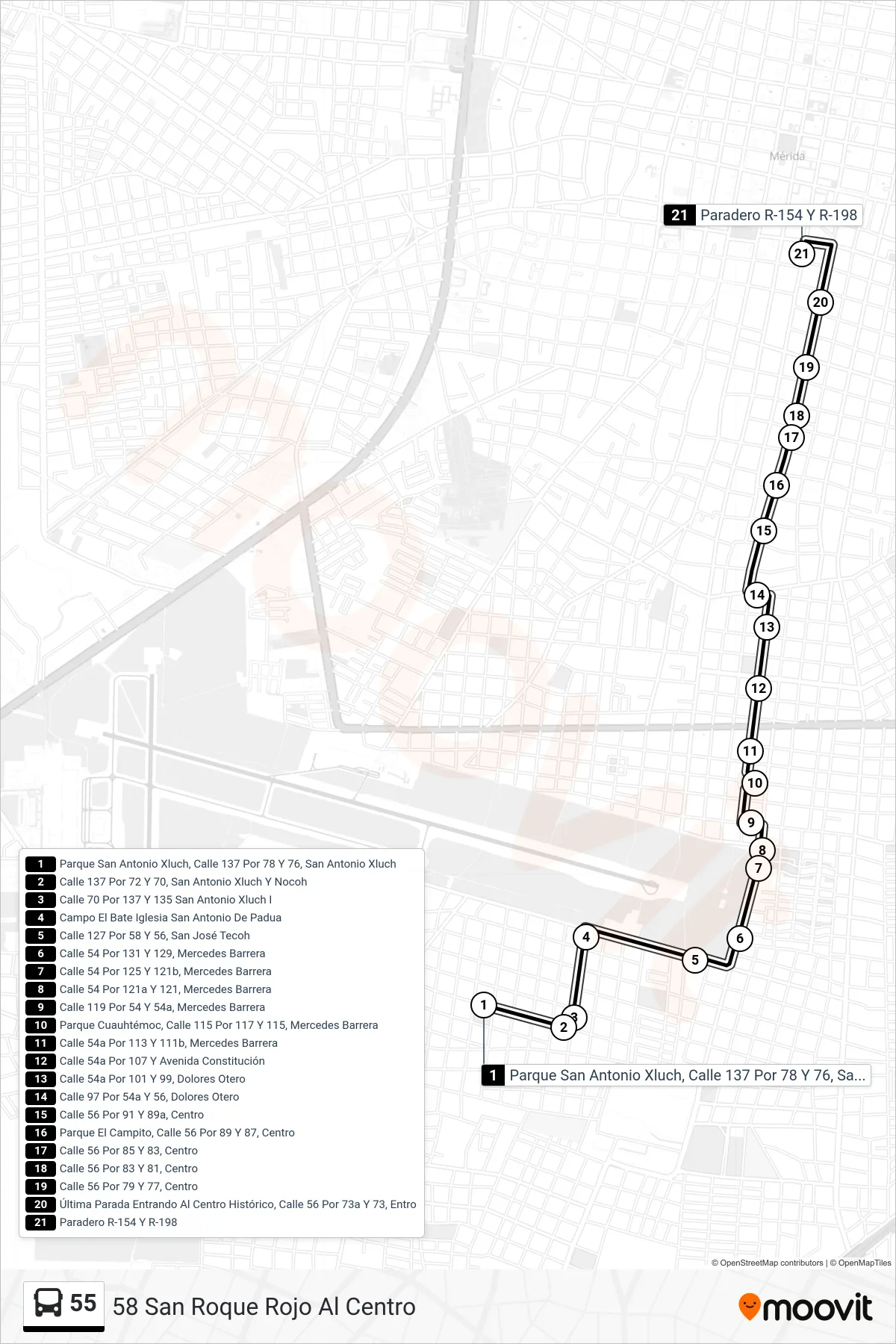 Recorrido y paradas de la línea 55 de autobús (58 San Roque Rojo Al Centro) en el mapa