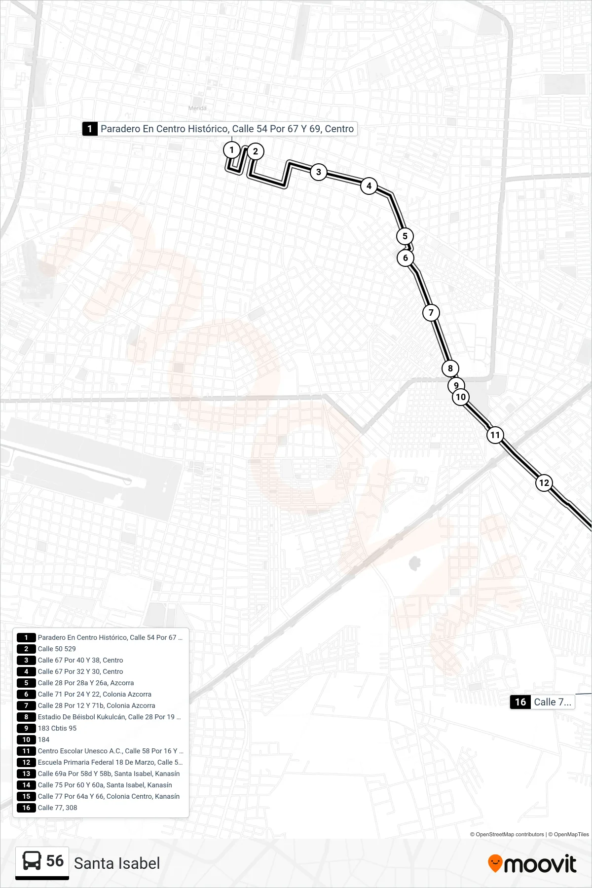 Recorrido y paradas de la línea 56 de autobús (Santa Isabel) en el mapa