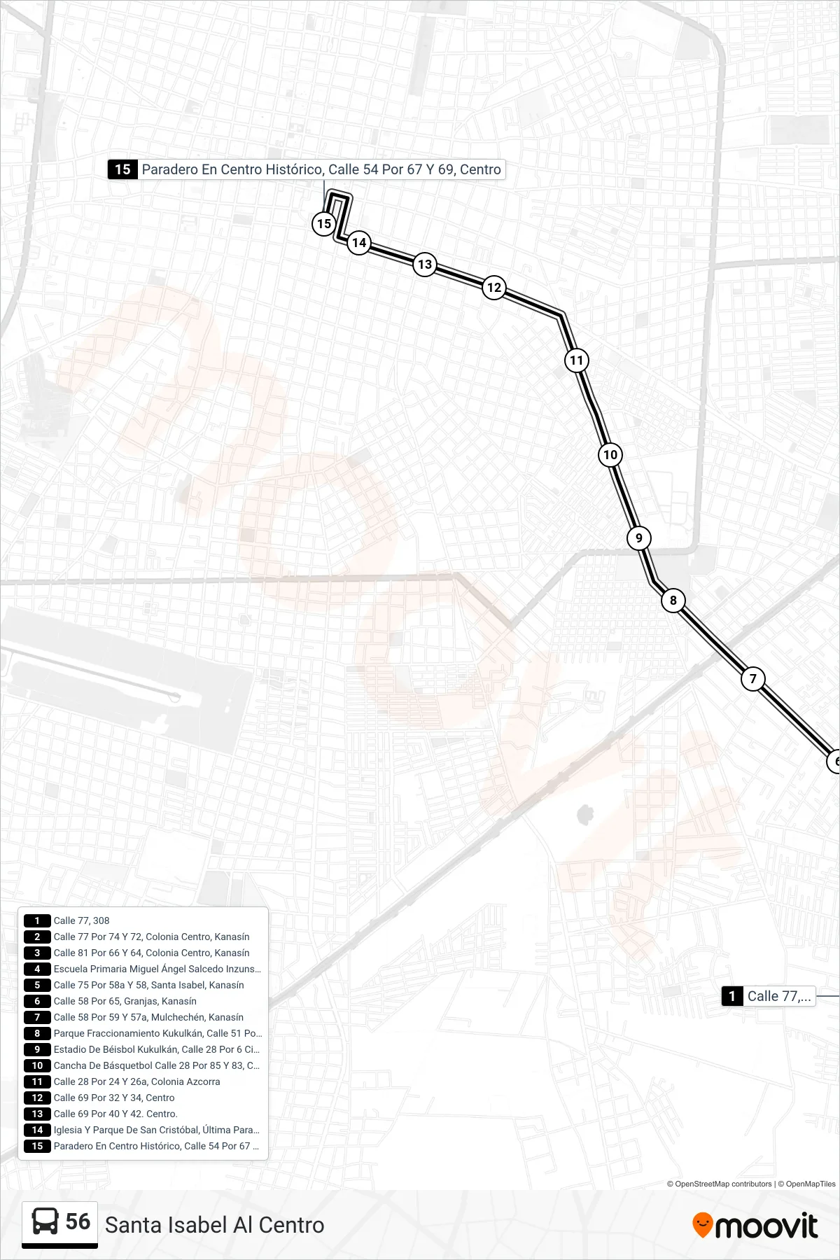 56 bus Line (Santa Isabel Al Centro) route and stops on a map