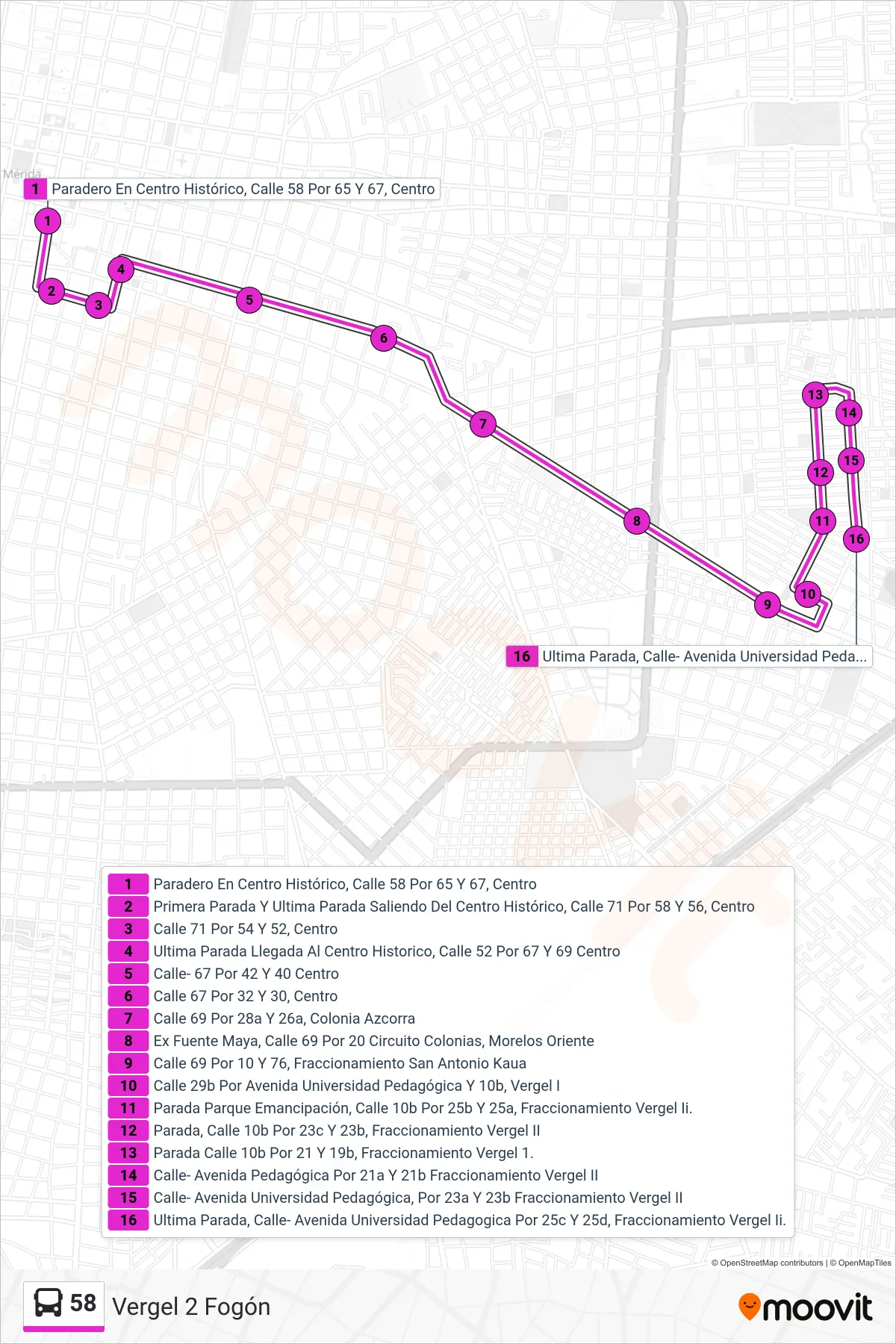 Recorrido y paradas de la línea 58 de autobús (Vergel 2 Fogón) en el mapa